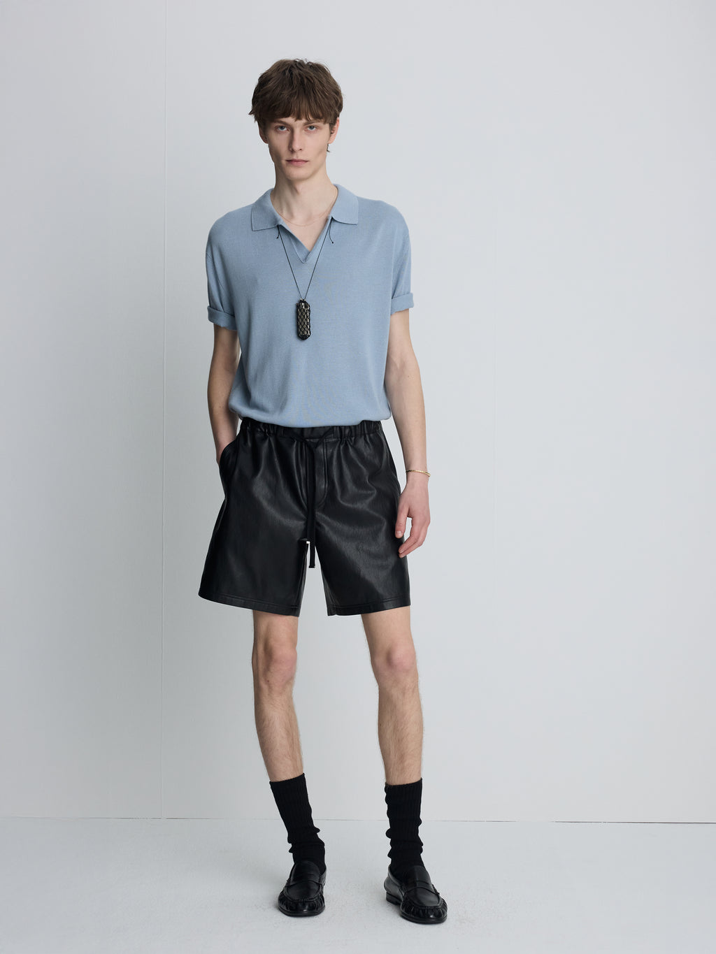 FAUX LEATHER LOUNGE SHORTS_  BLACK
