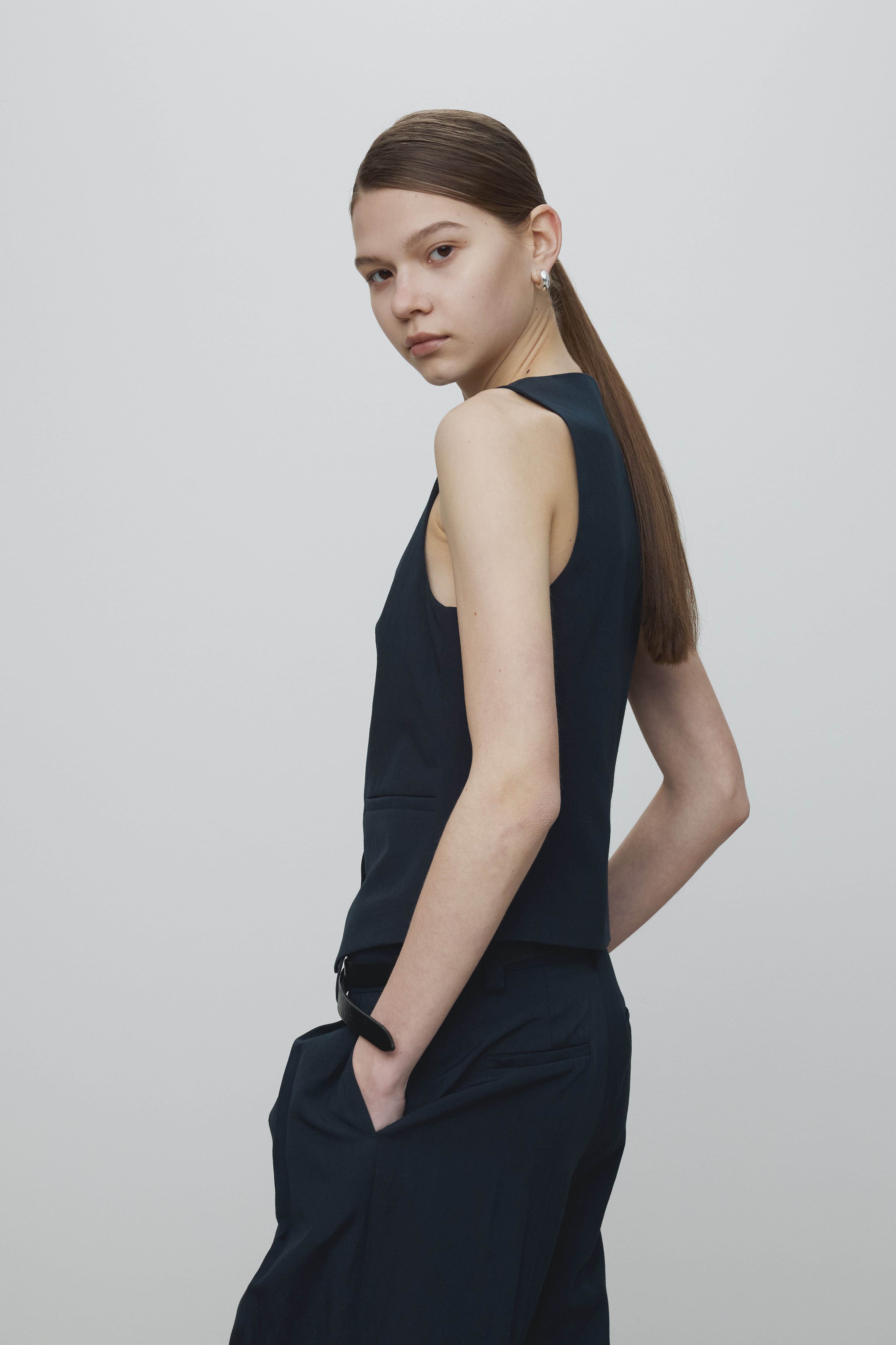 LINEN TAILORED VEST_ NAVY