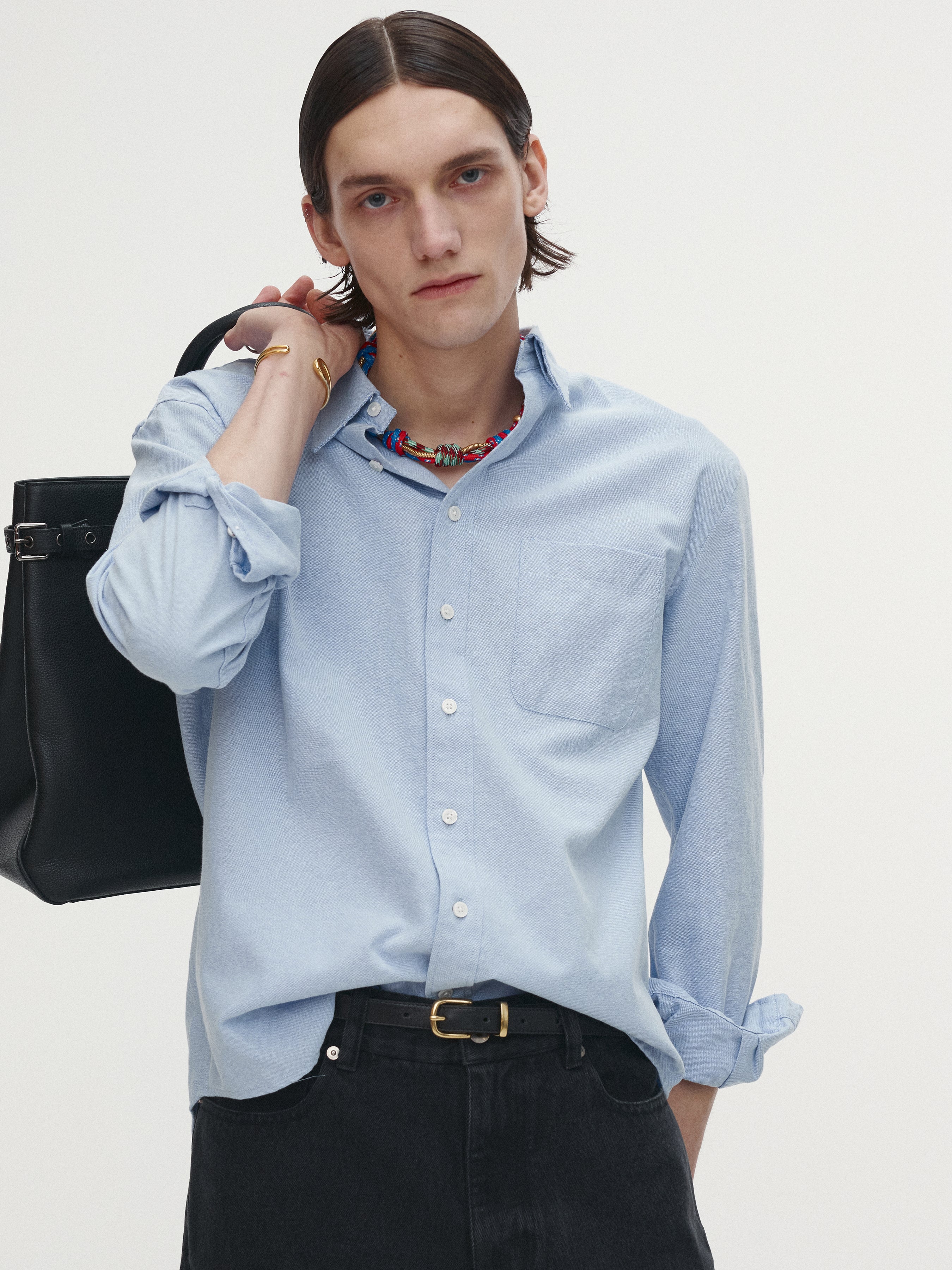 COTTON LYOCELL DISTRESSED OXFORD SHIRT_ SKY BLUE
