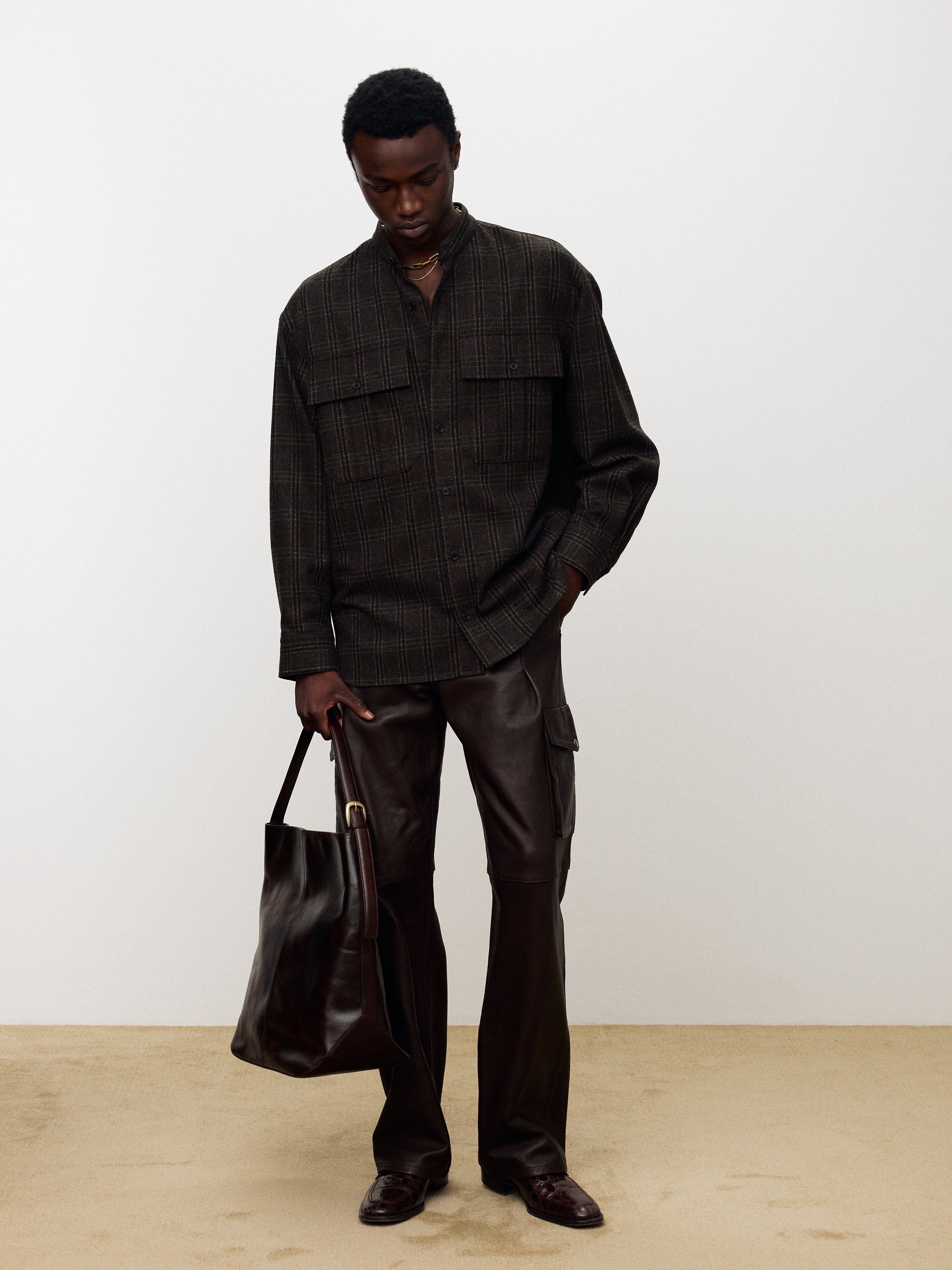 CHECKED WOOL OVERSIZED SHIRT_ DARK BROWN