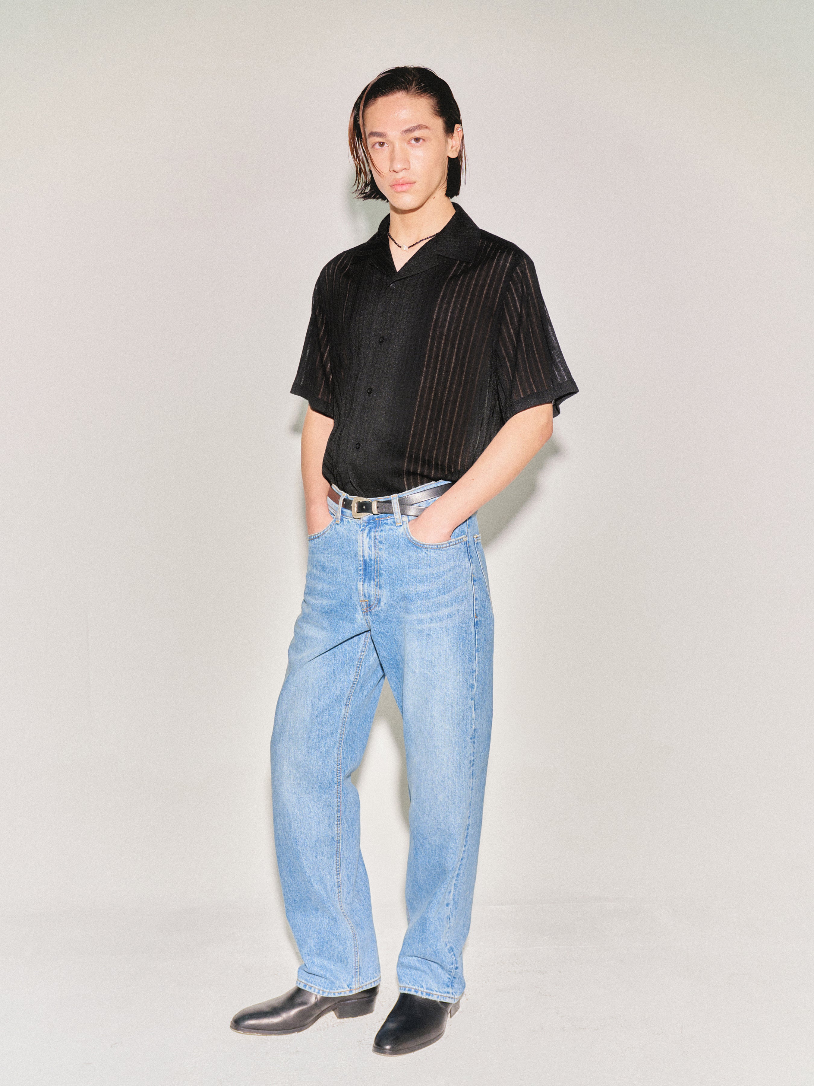 Crochet Camp Collar Half Sleeve Shirt_ Black