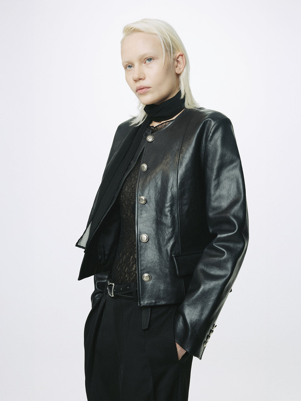 (W) BRUSHED SILVER BUCKLE BELT_ BLACK