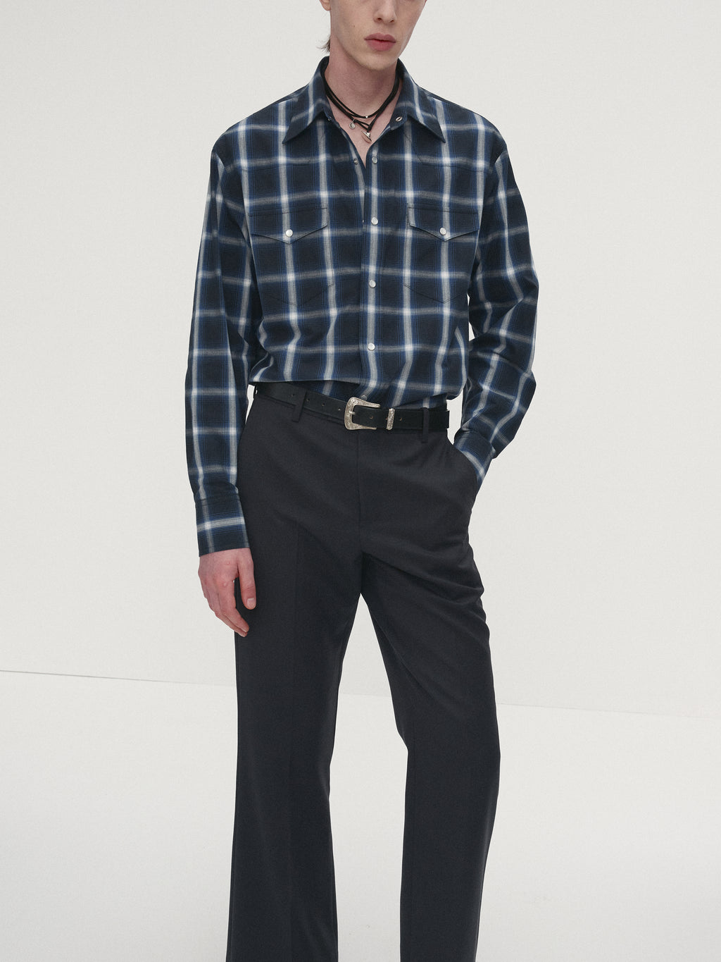 CHECKED COTTON WESTERN SHIRT (JAPANESE FABRIC)_ NAVY/WHITE