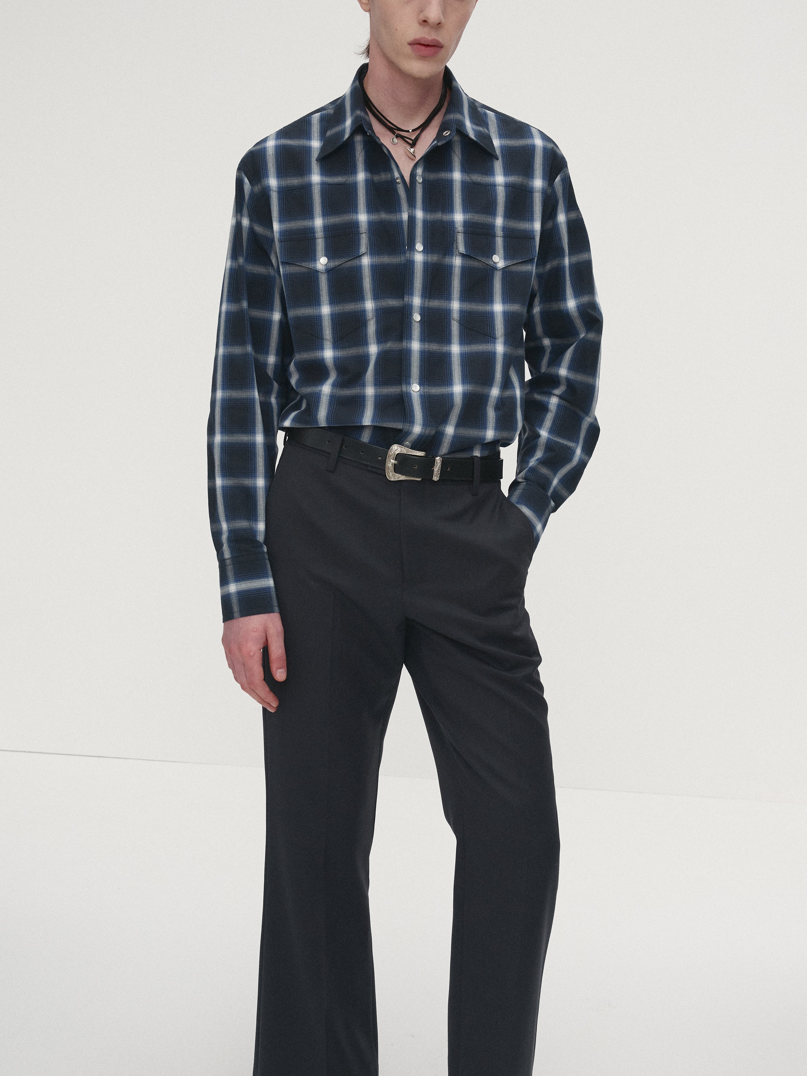 CHECKED COTTON WESTERN SHIRT (JAPANESE FABRIC)_ NAVY/WHITE