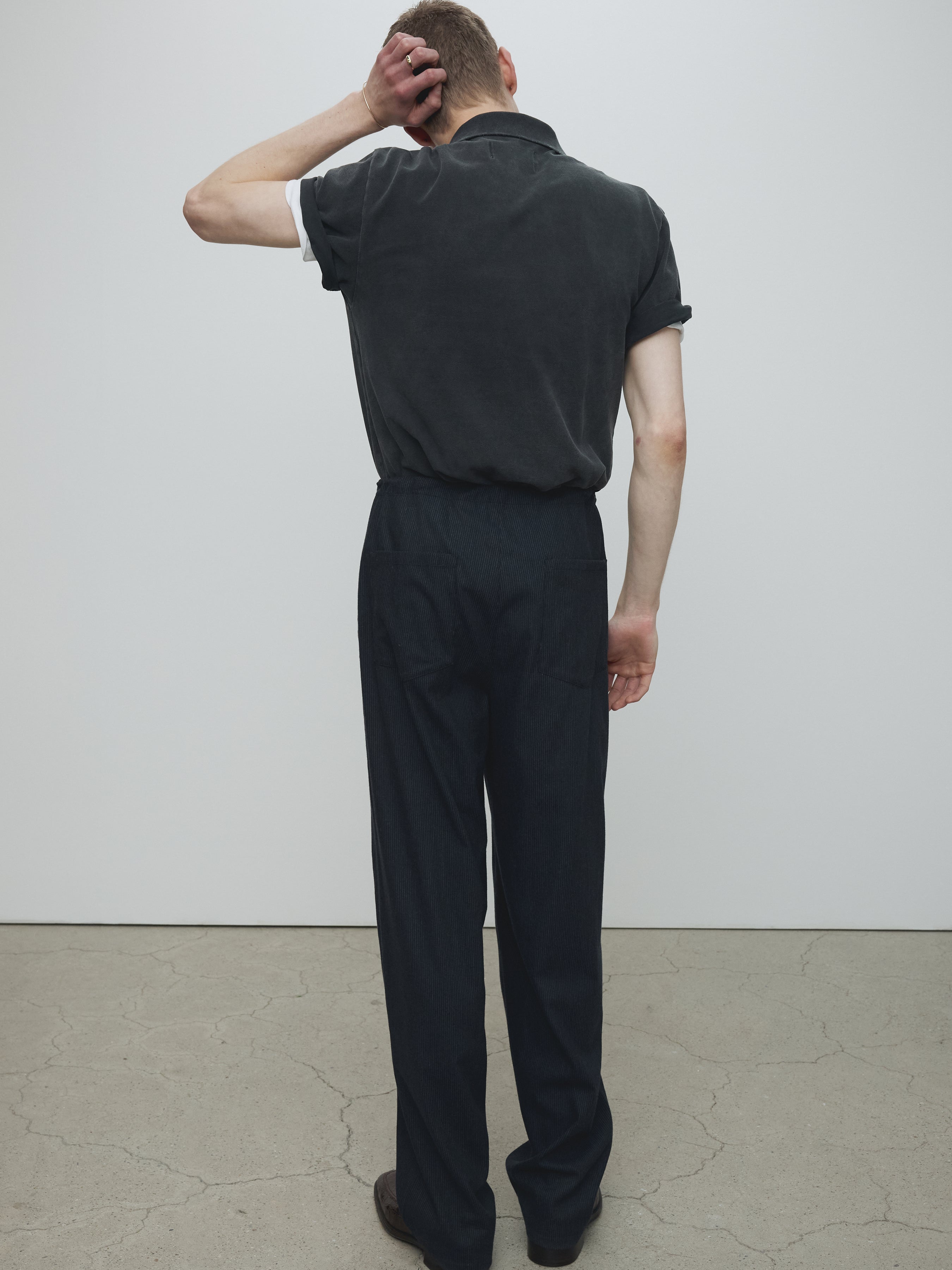 LIGHT WOOL COTTON DRAWSTRING TROUSERS_ NAVY STRIPE