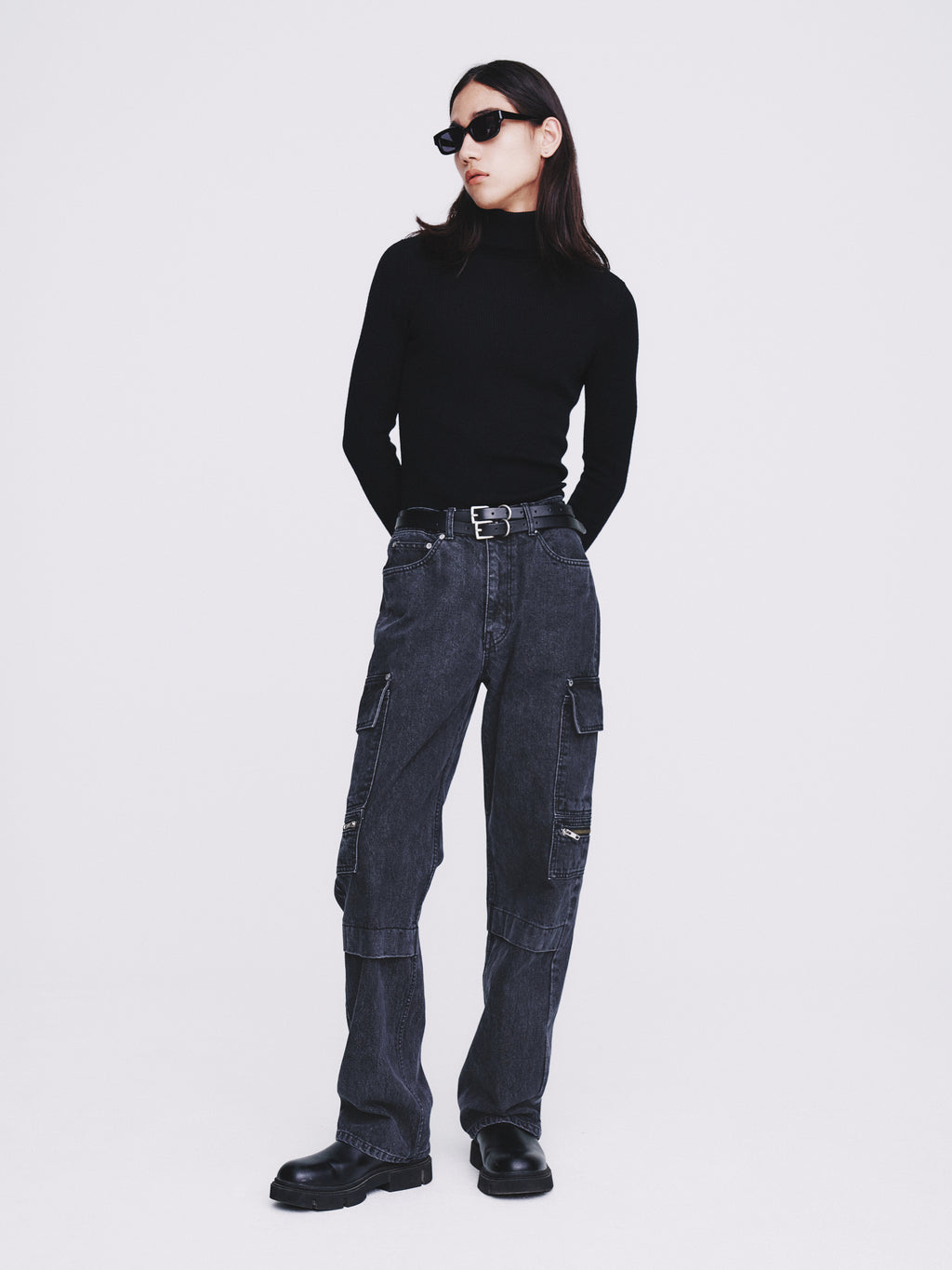 Relaxed Cut Denim Cargo Jeans_ Faded Black
