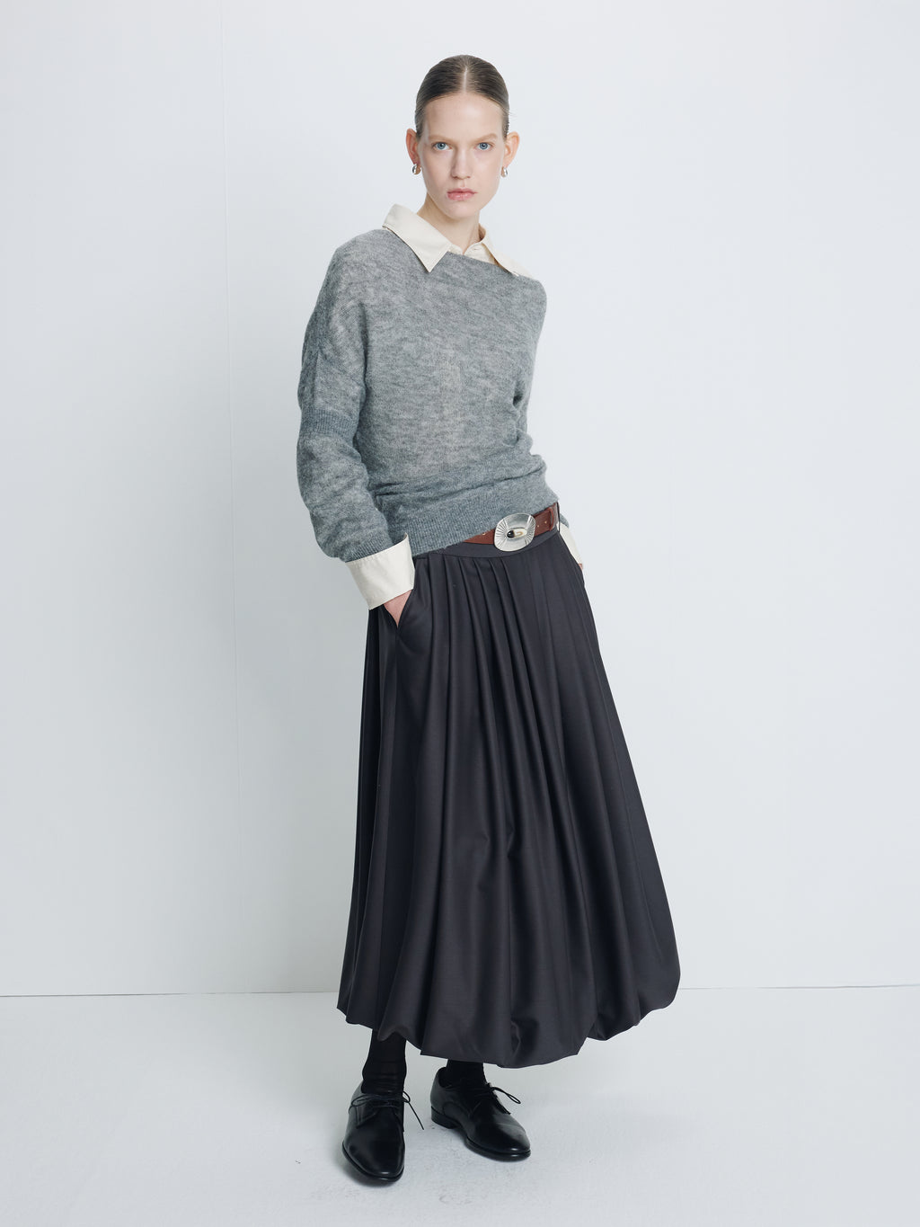 (W) WOOL BALLOON SKIRT_ CHARCOAL