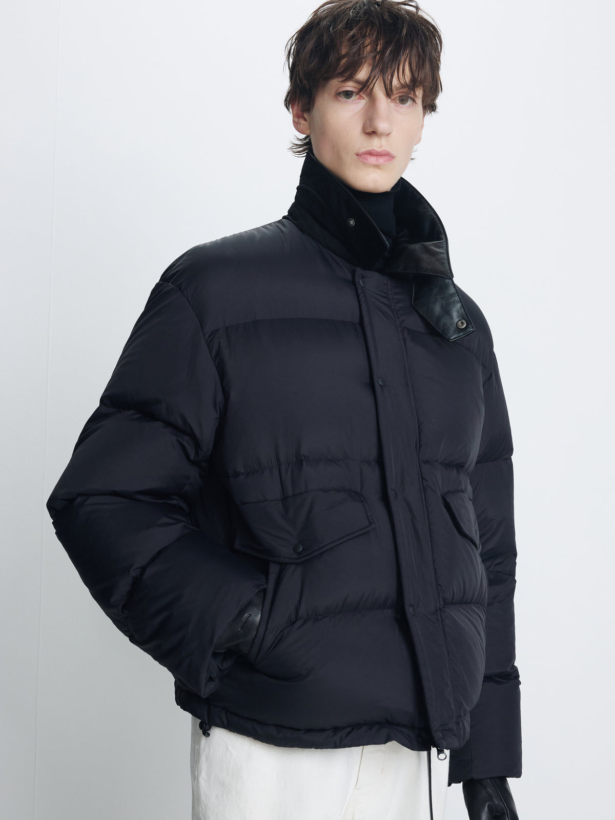 LEATHER COLLAR DOWN PUFFER BLOUSON_ BLACK