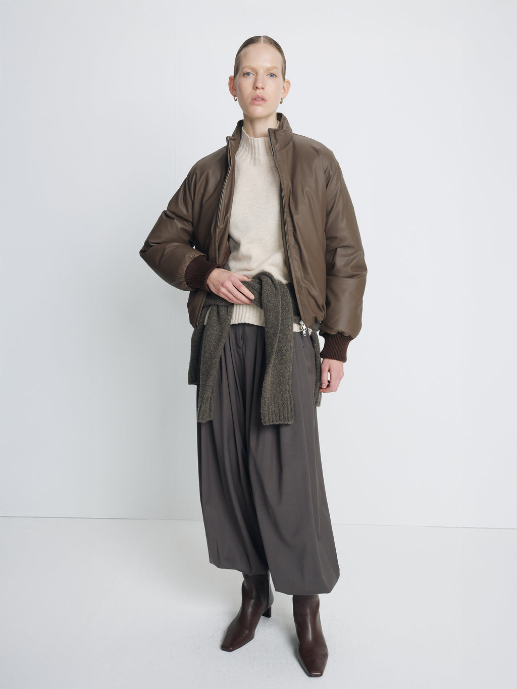 (W) CROPPED PADDED JACKET_ BROWN