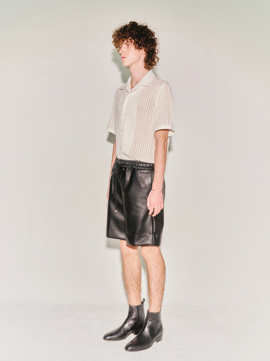 Crochet Camp Collar Half Sleeve Shirt_ Melange Ecru