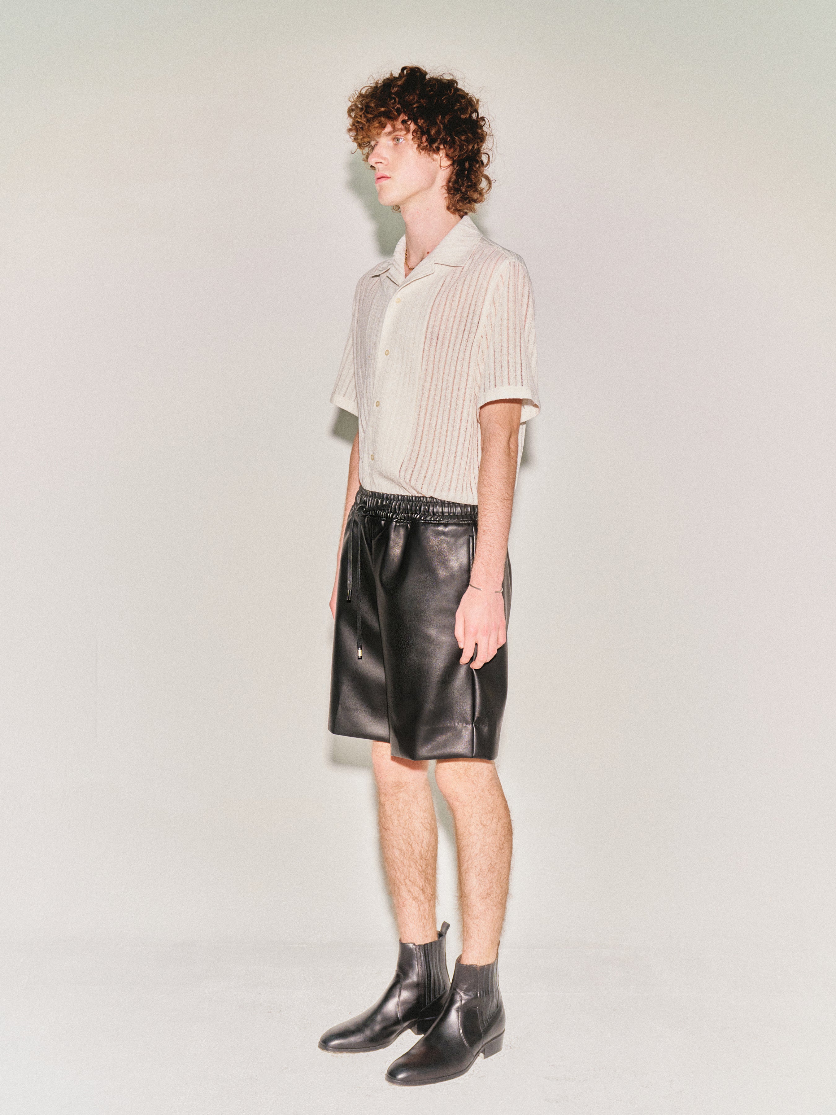 Crochet Camp Collar Half Sleeve Shirt_ Melange Ecru