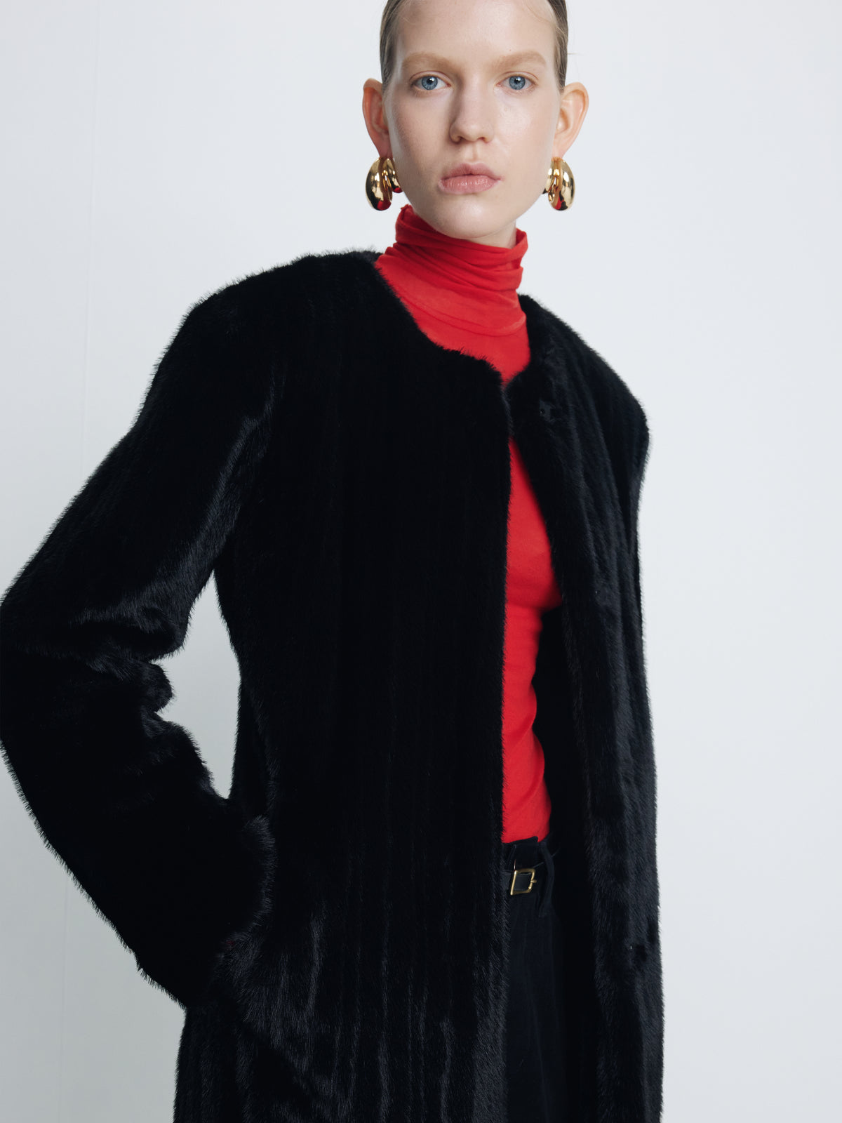 (W) FAUX FUR LONG COAT_ BLACK