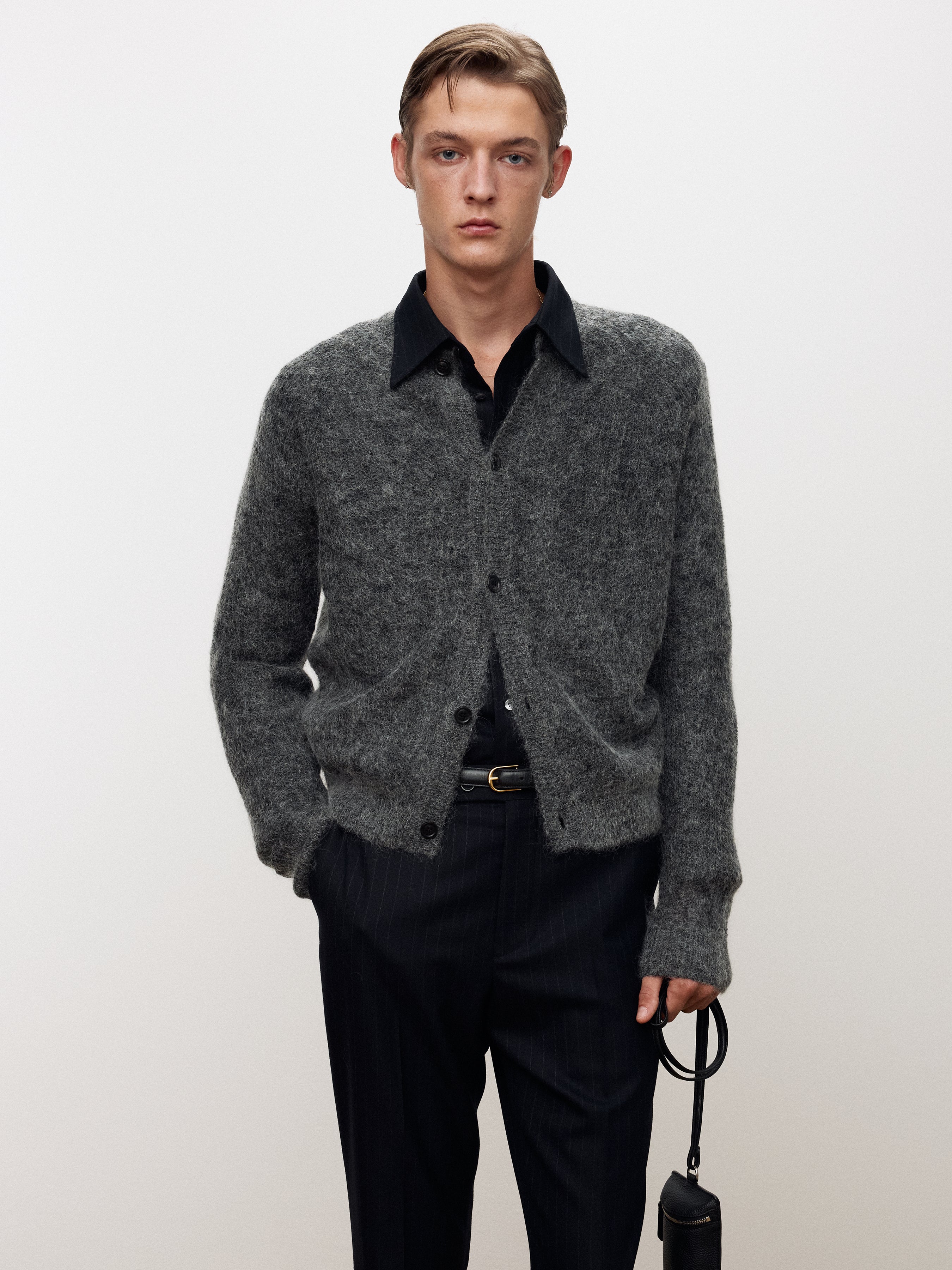 WOOL AND MOHAIR RIBBED MESH CARDIGAN_ MELANGE GREY