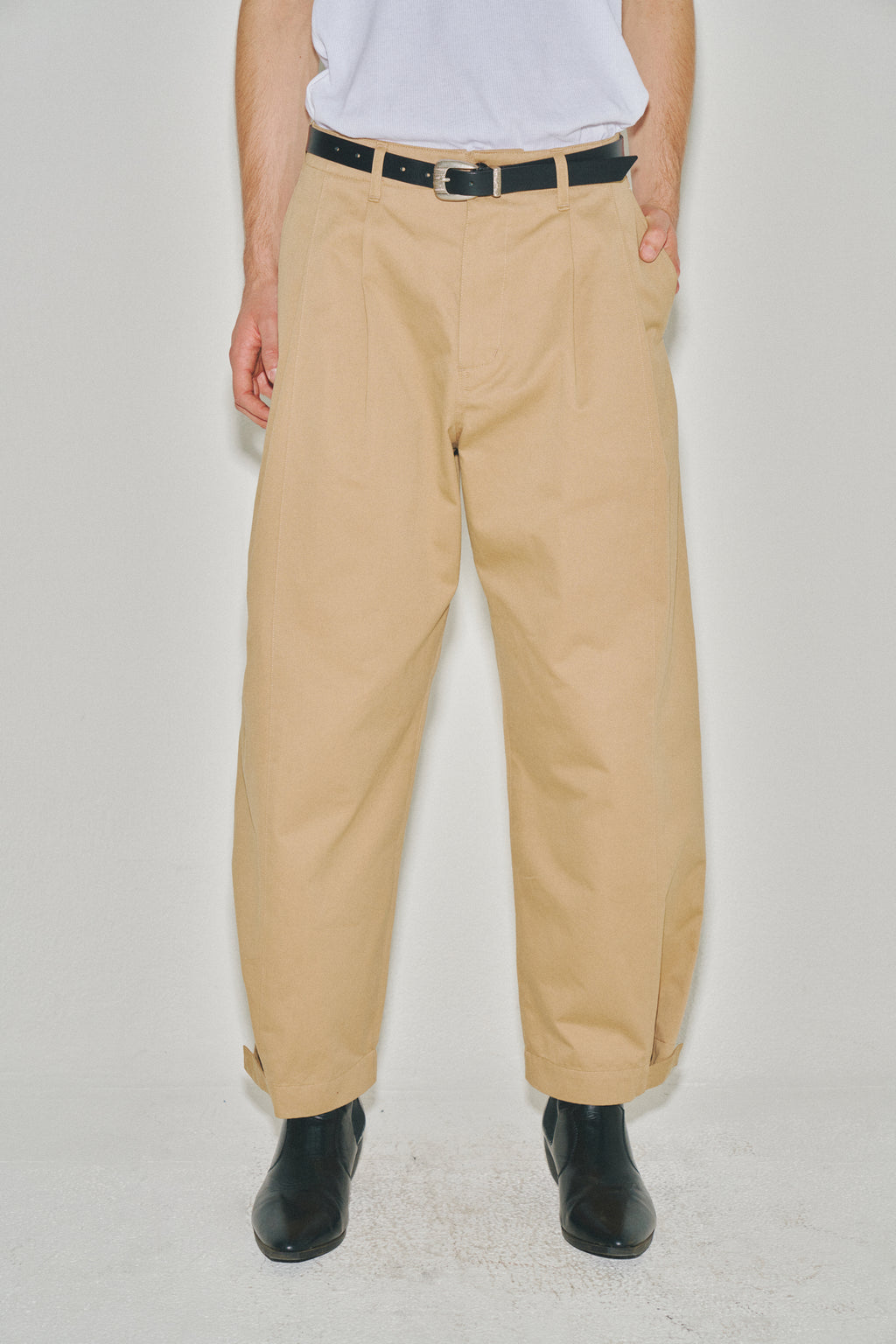 Wide Cut Hidden Snap Closure Trousers_ Beige