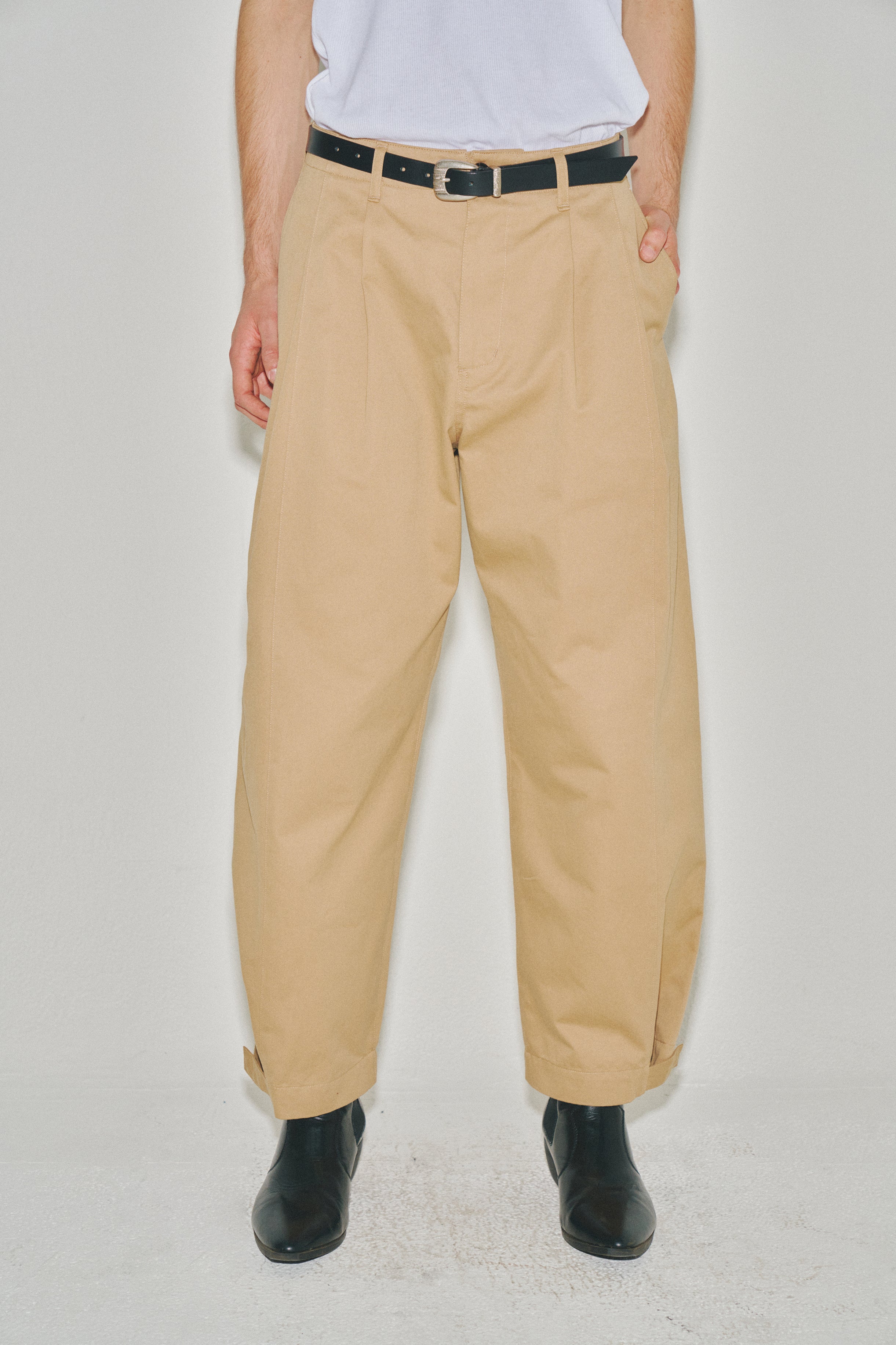 Wide Cut Hidden Snap Closure Trousers_ Beige