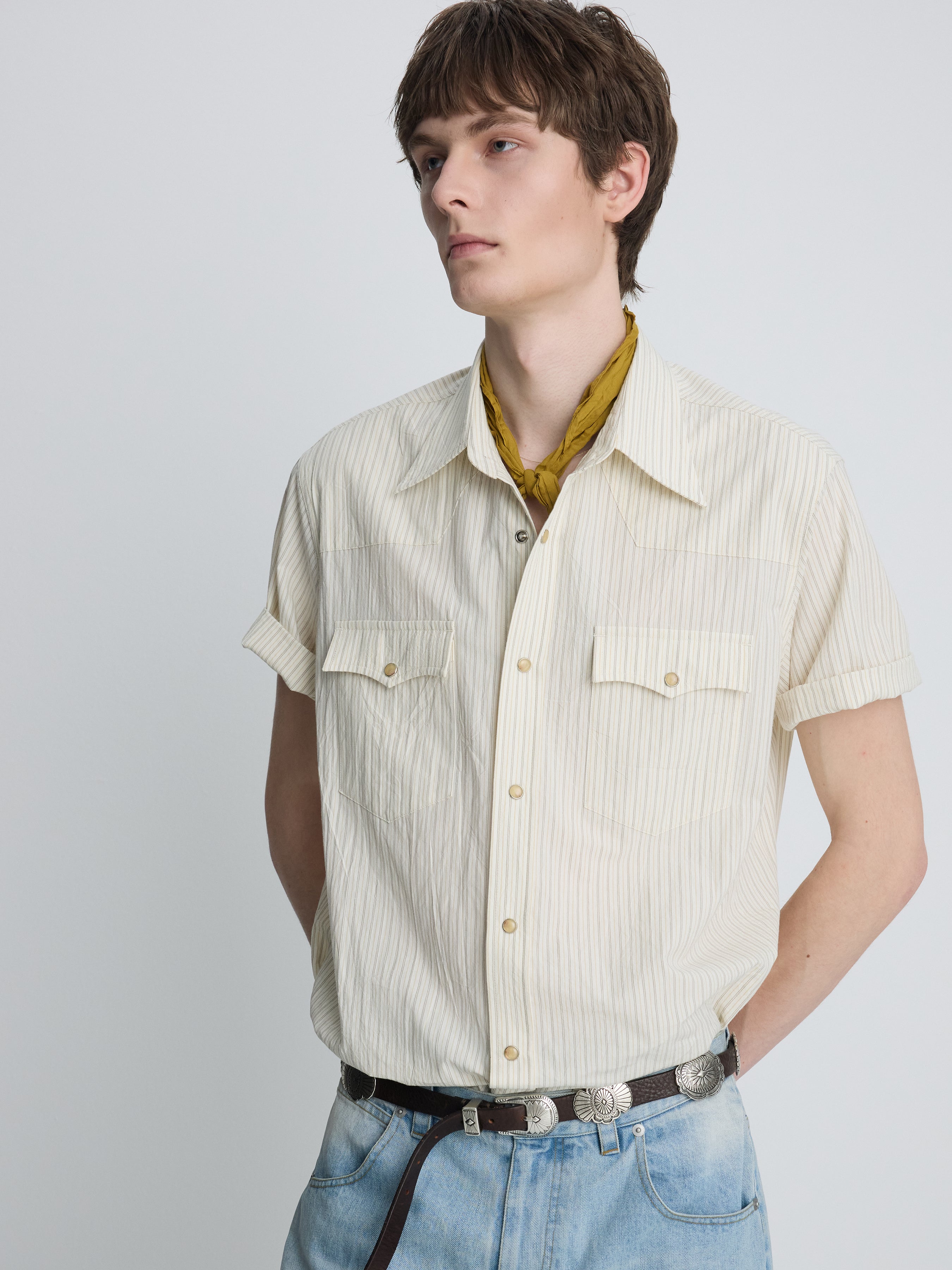 STRIPED COTTON WESTERN SHIRT_ ECRU
