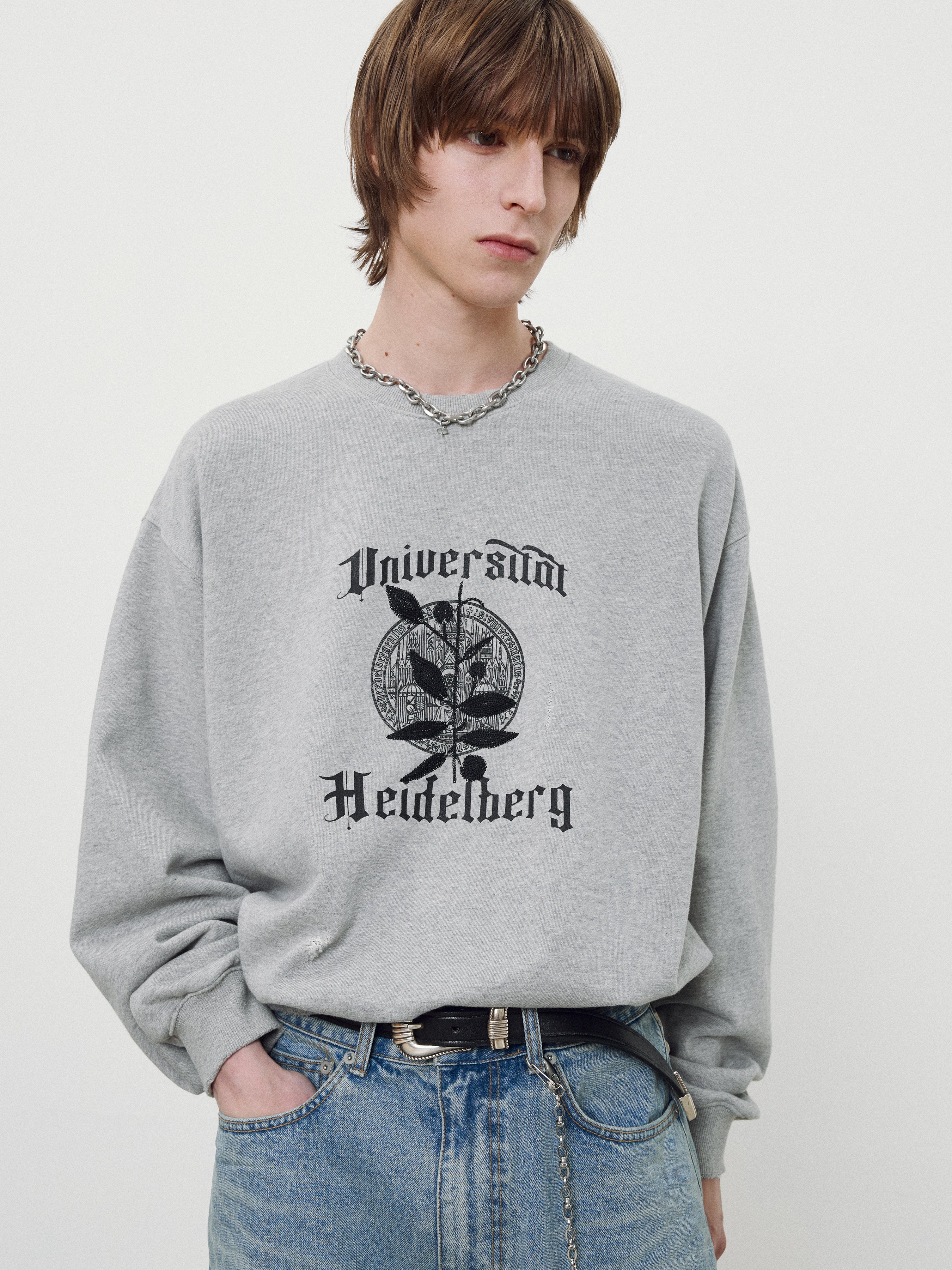 Embroidery Overlap College Sweatshirt_ Heather Grey