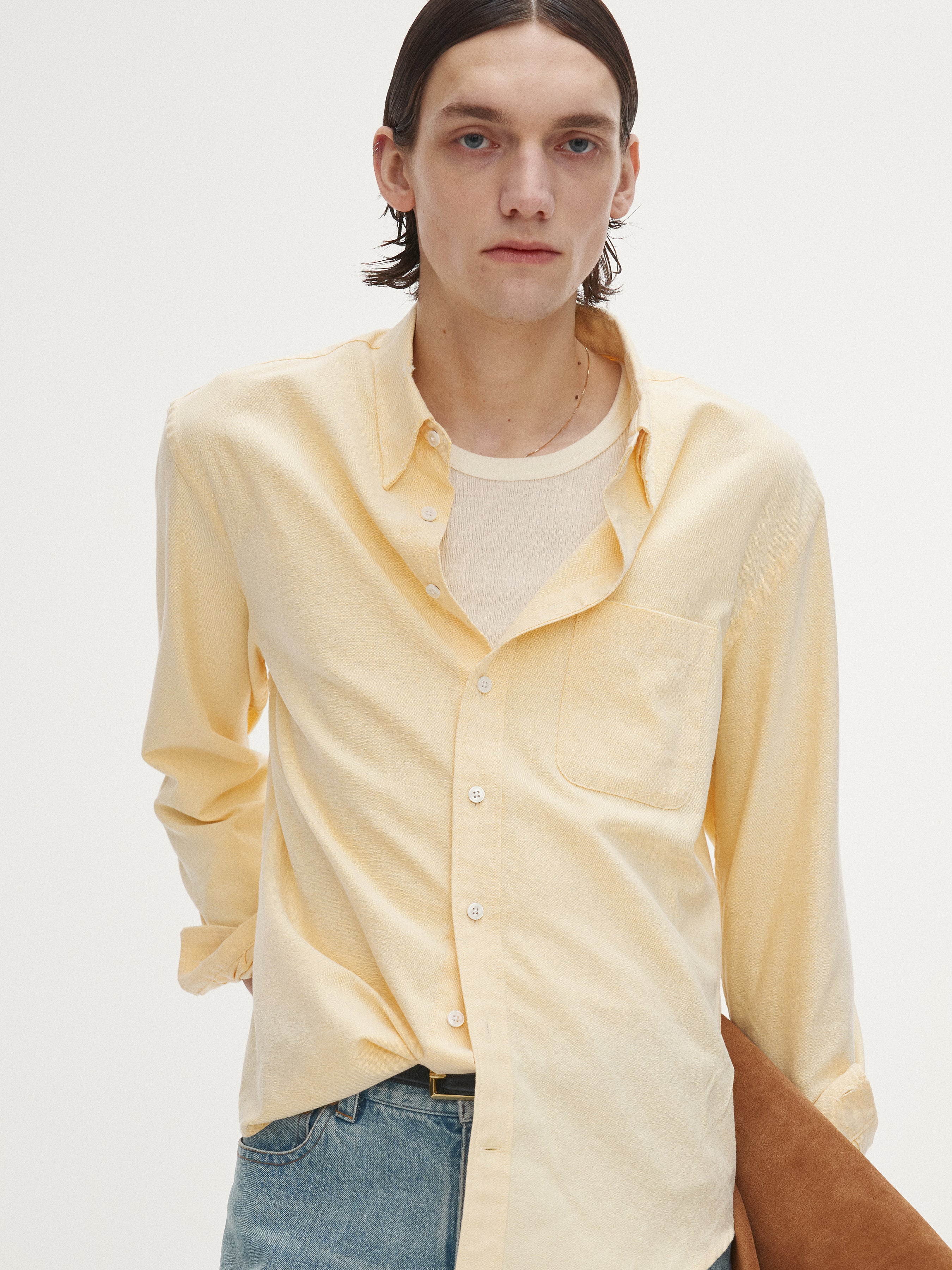 COTTON LYOCELL DISTRESSED OXFORD SHIRT_ PALE YELLOW
