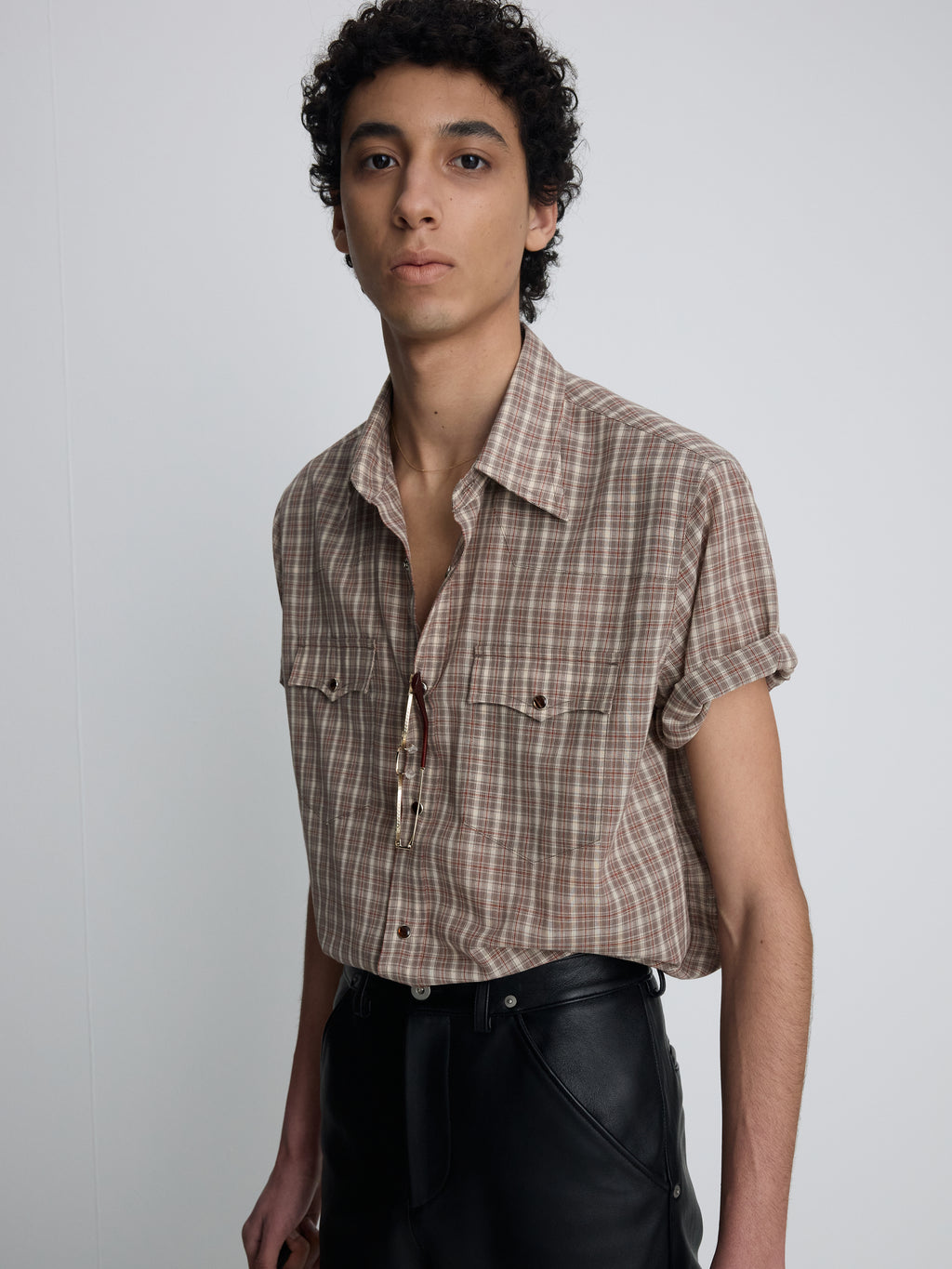 CHECKED COTTON BLEND WESTERN SHIRT_ TAUPE/AMBER