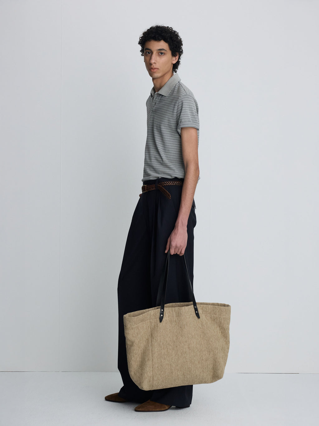 LEATHER HANDLE CANVAS TOTE BAG_ BEIGE KHAKI