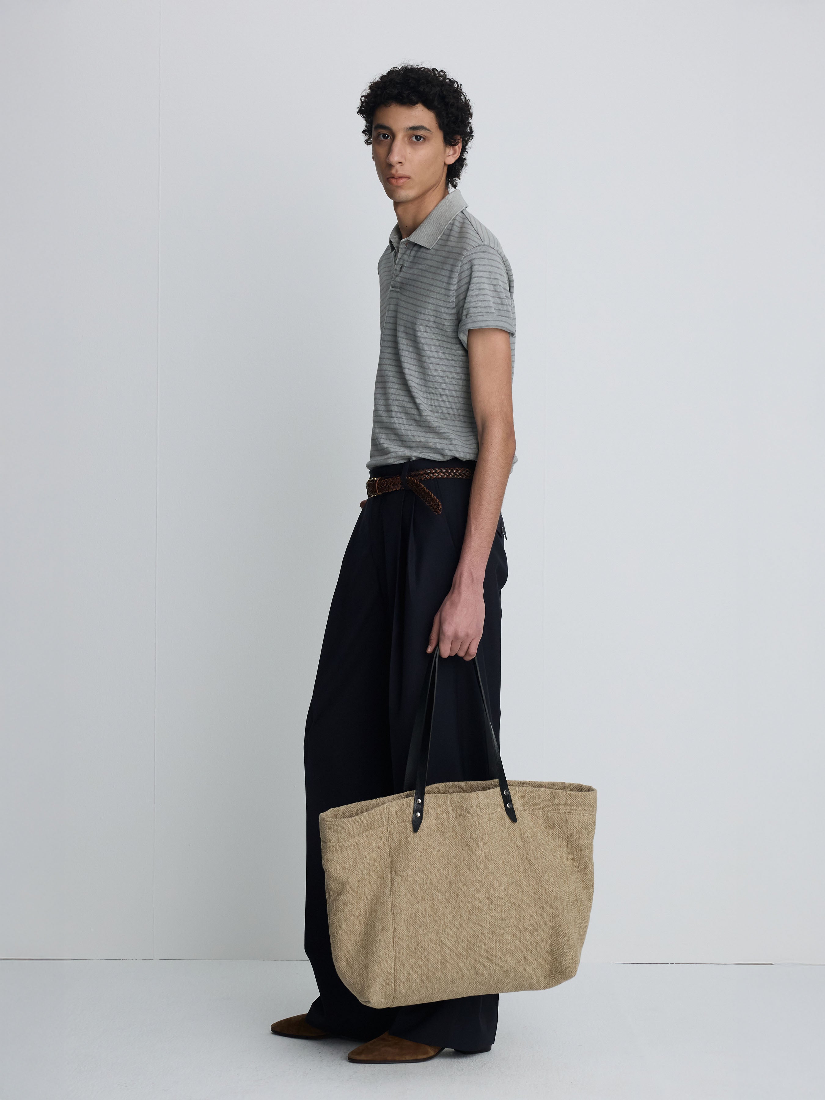 LEATHER HANDLE CANVAS TOTE BAG_ BEIGE KHAKI