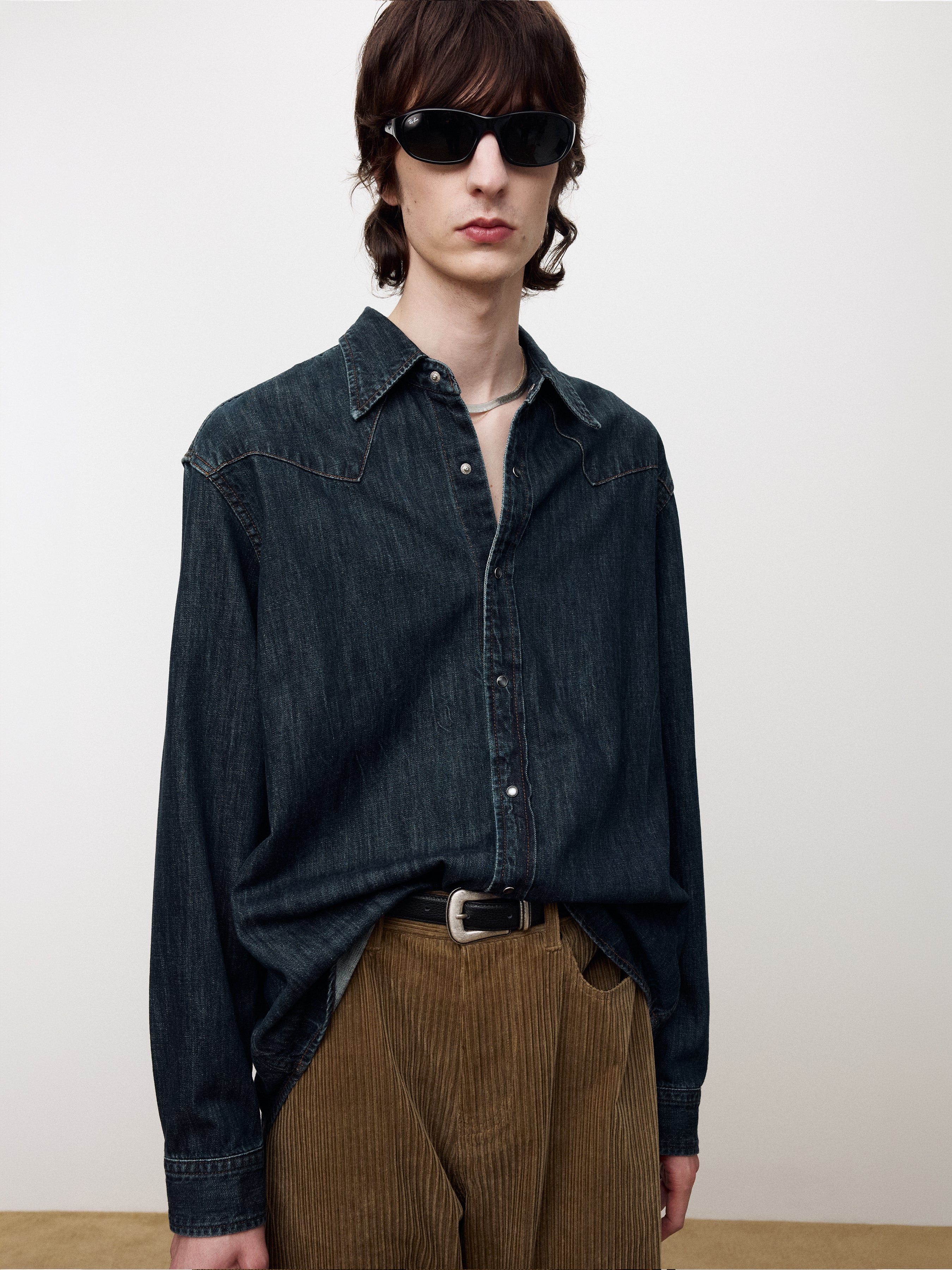 WASHED DENIM WESTERN SHIRT_ DARK BLUE