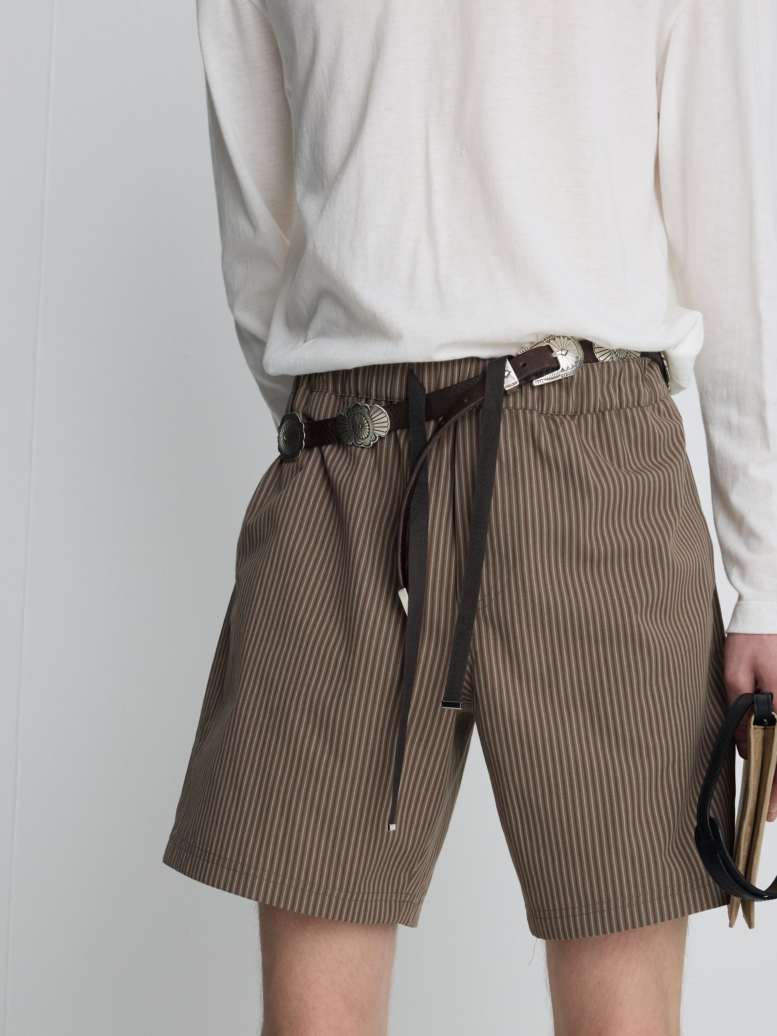 STRIPED COTTON LOUNGE SHORTS_ OLIVE BROWN