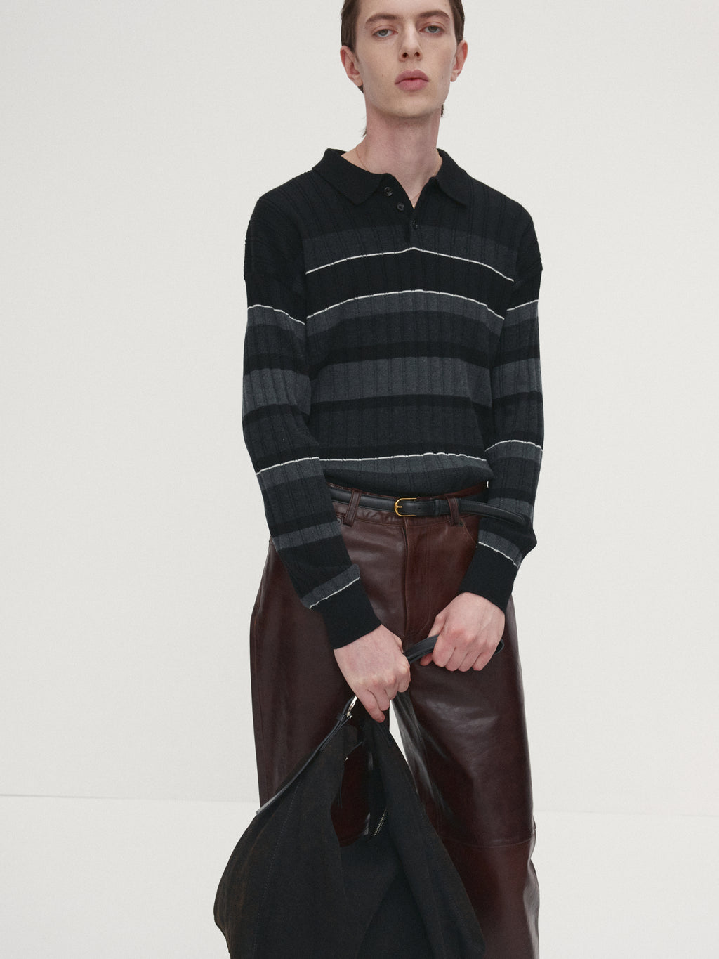 SUPER FINE WOOL RIBBED STRIPE POLO KNIT_ BLACK/GREY