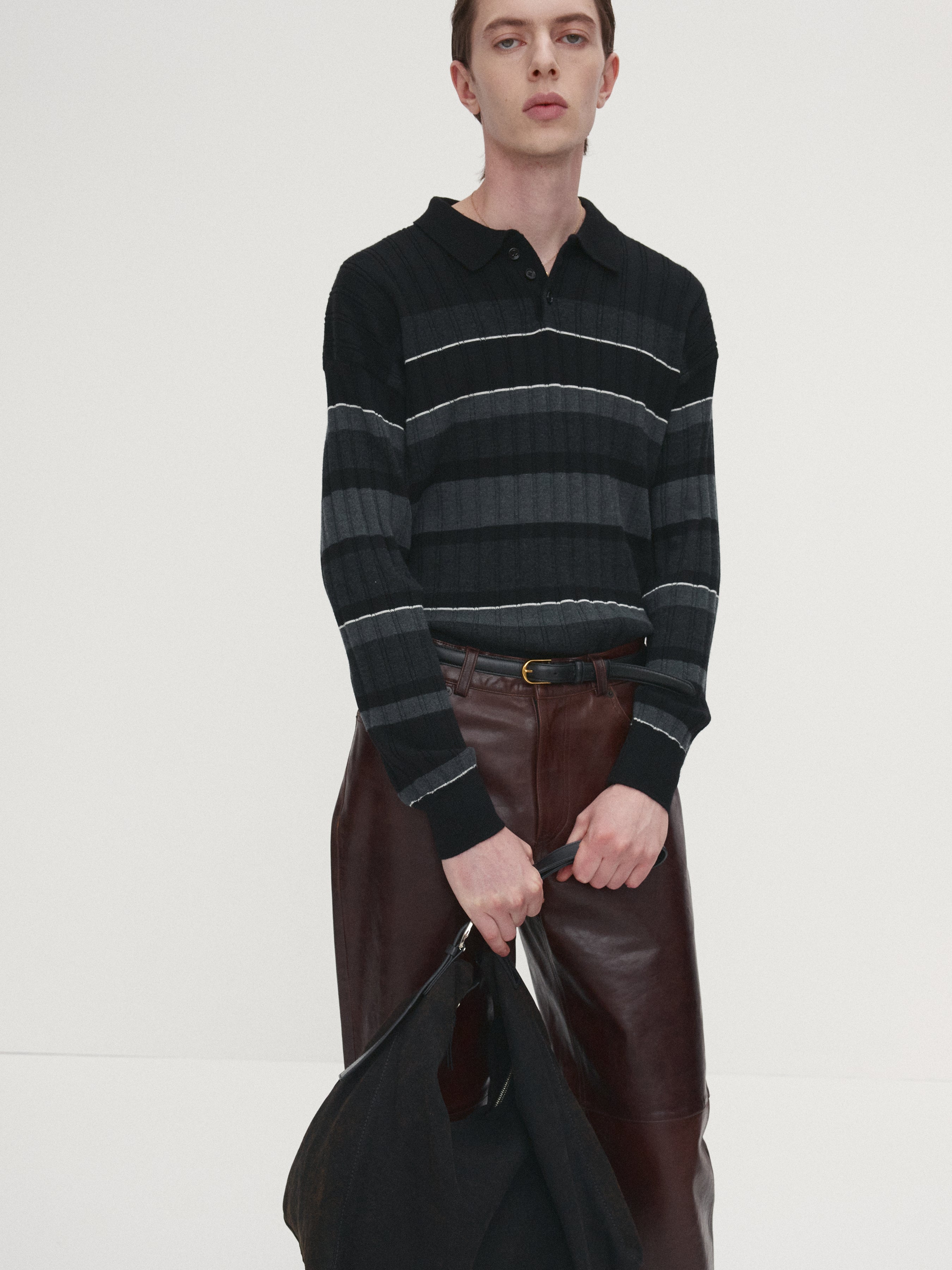 SUPER FINE WOOL RIBBED STRIPE POLO KNIT_ BLACK/GREY