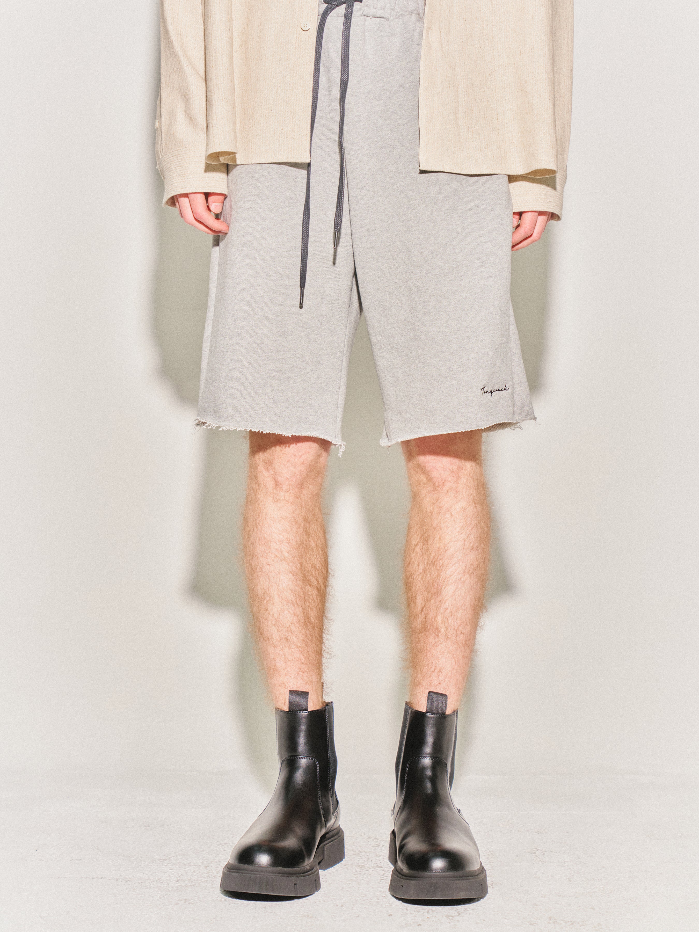 Heavyweight Brushed-Jersey Logo Embroidered Shorts_ Melange Grey