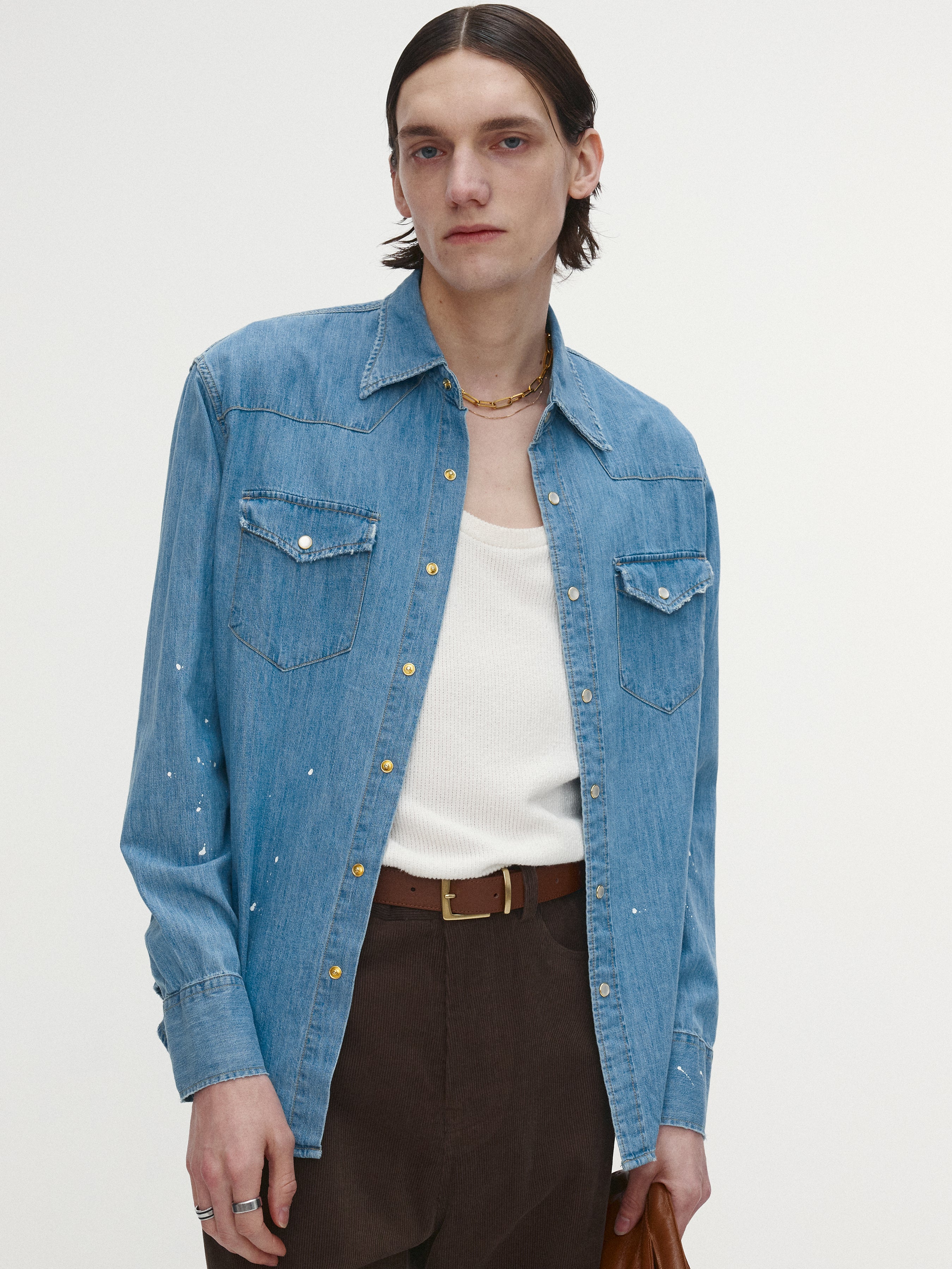 WASHED DENIM HAND-PAINTED WESTERN SHIRT_ WASHED BLUE