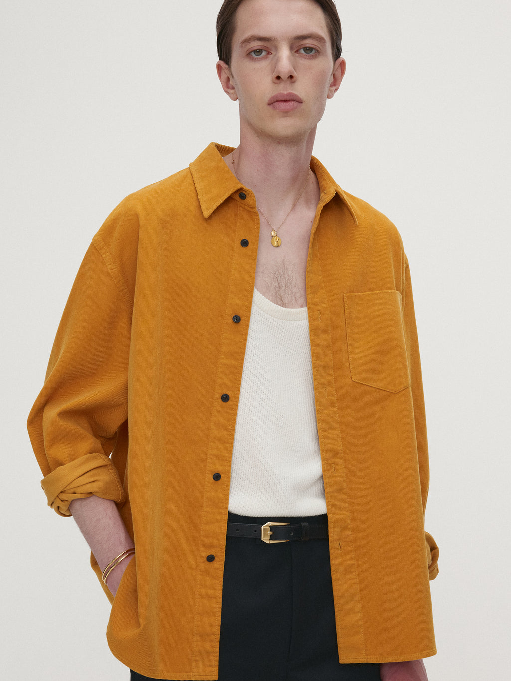 WASHED CORDUROY DISTRESSED SHIRT_ MUSTARD