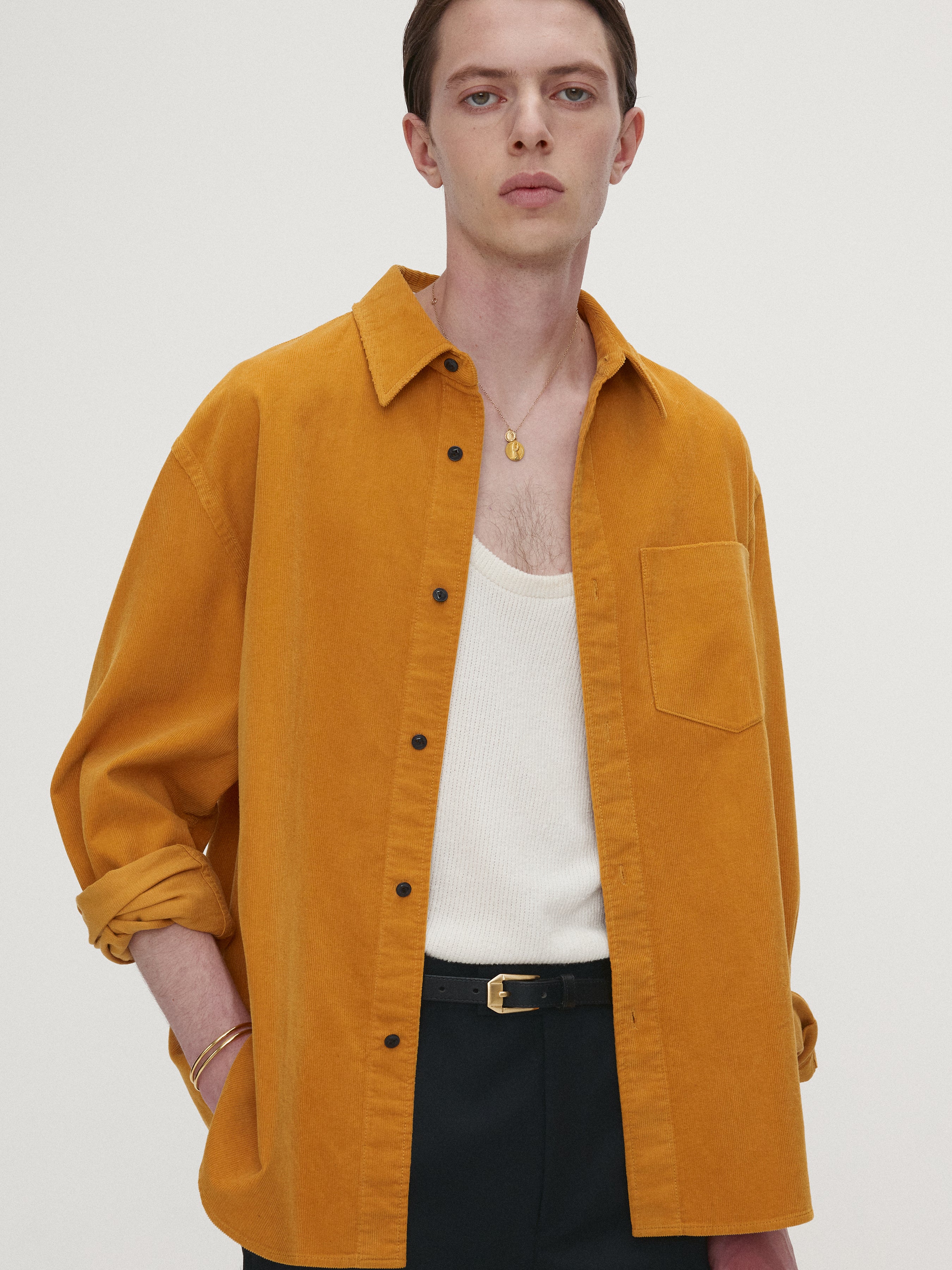 WASHED CORDUROY DISTRESSED SHIRT_ MUSTARD