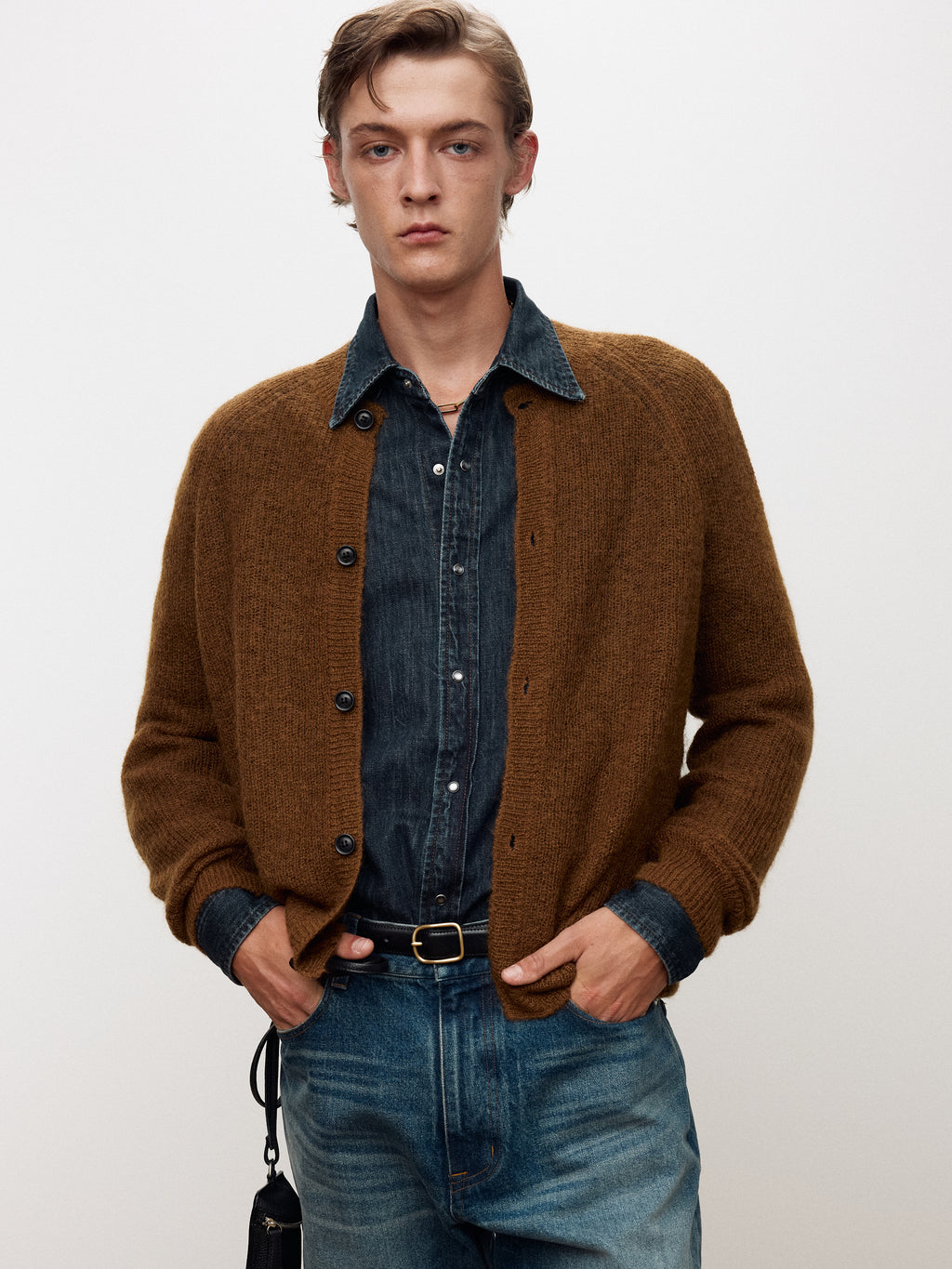 WOOL AND MOHAIR RIBBED MESH CARDIGAN_ CAMEL