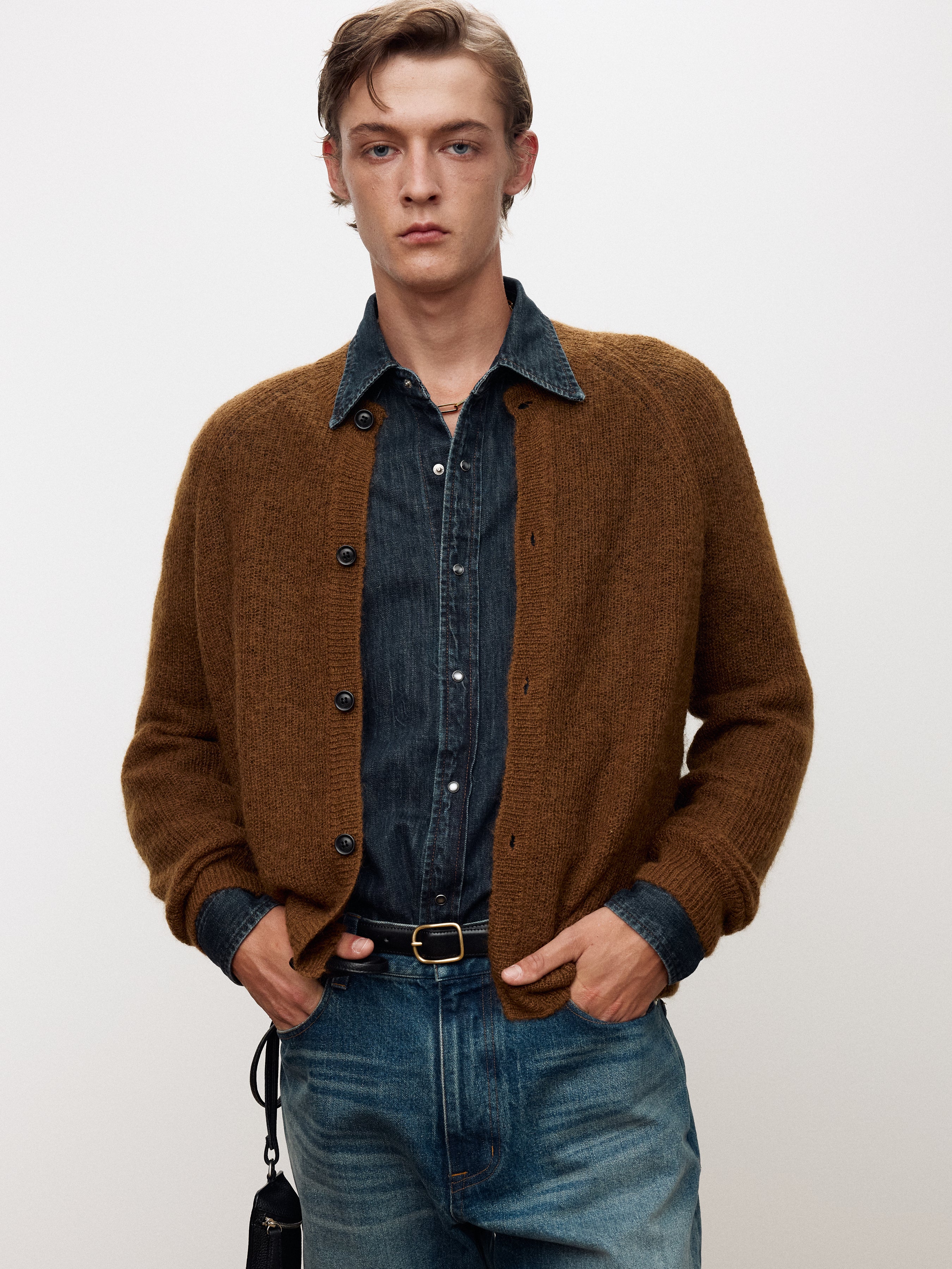 WOOL AND MOHAIR RIBBED MESH CARDIGAN_ CAMEL
