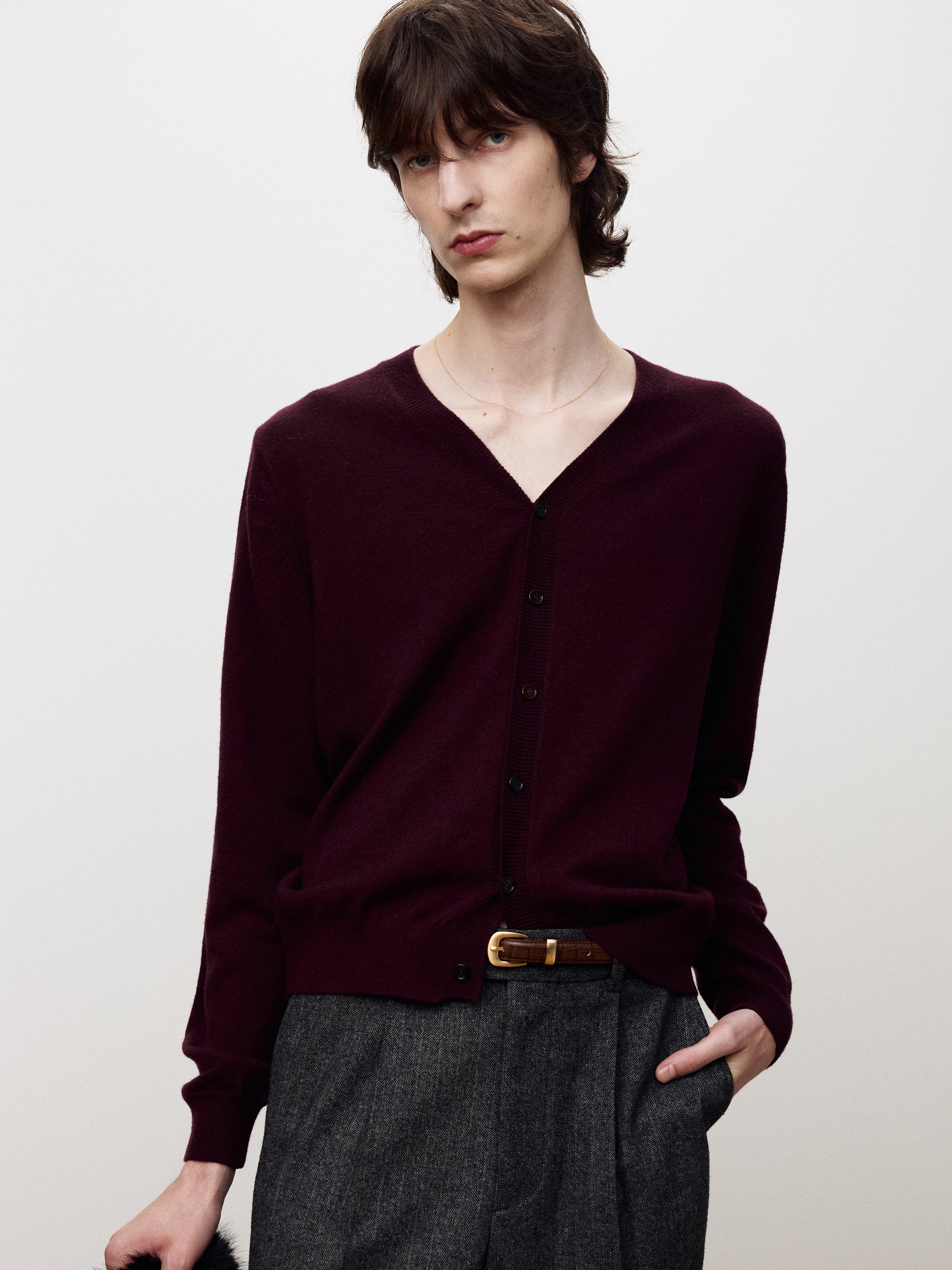 SUPER FINE MERINO WOOL KNIT CARDIGAN_ BURGUNDY