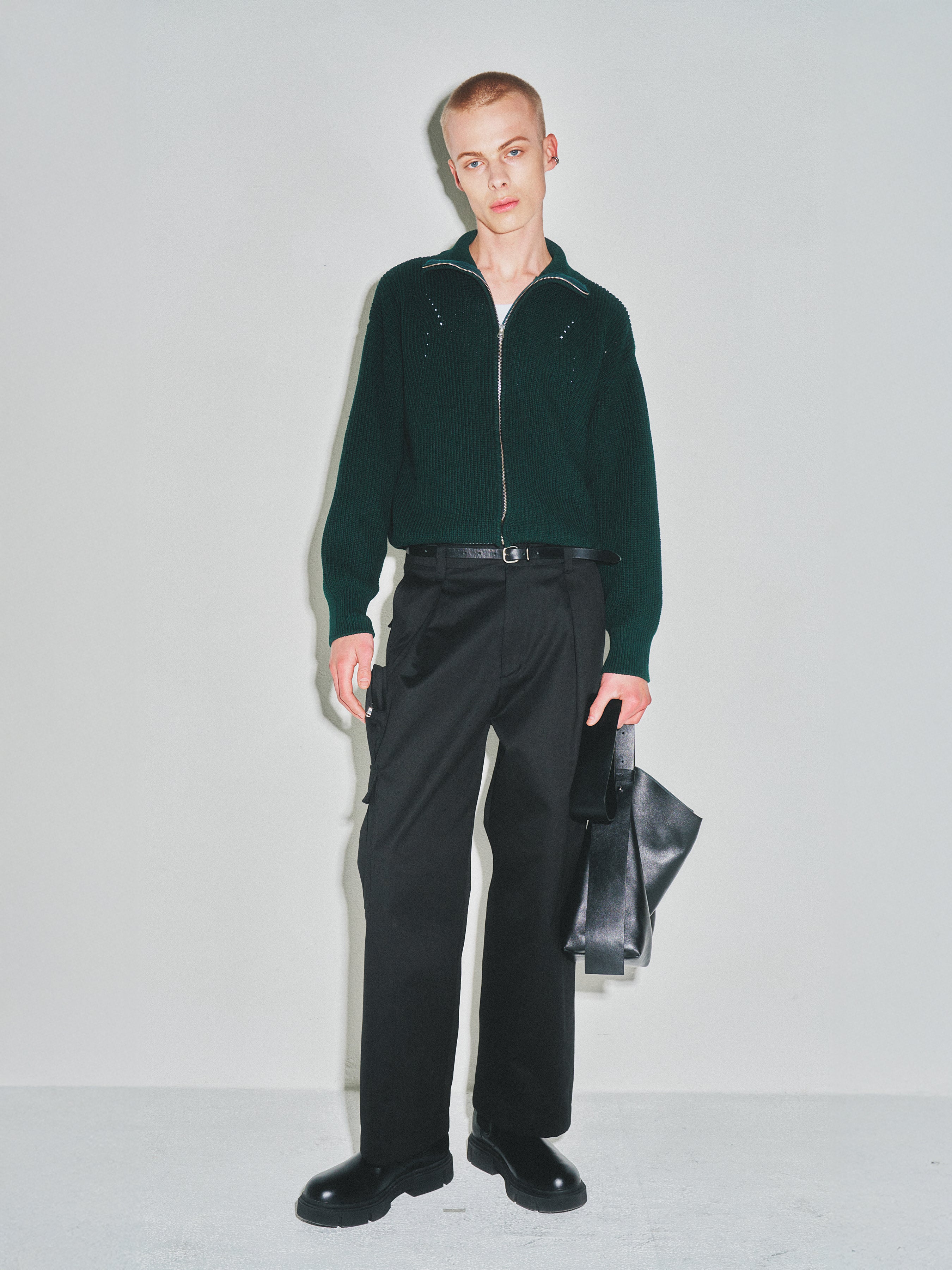 Italian Cotton Hard Twist Zip-up Knit_ Dark Green
