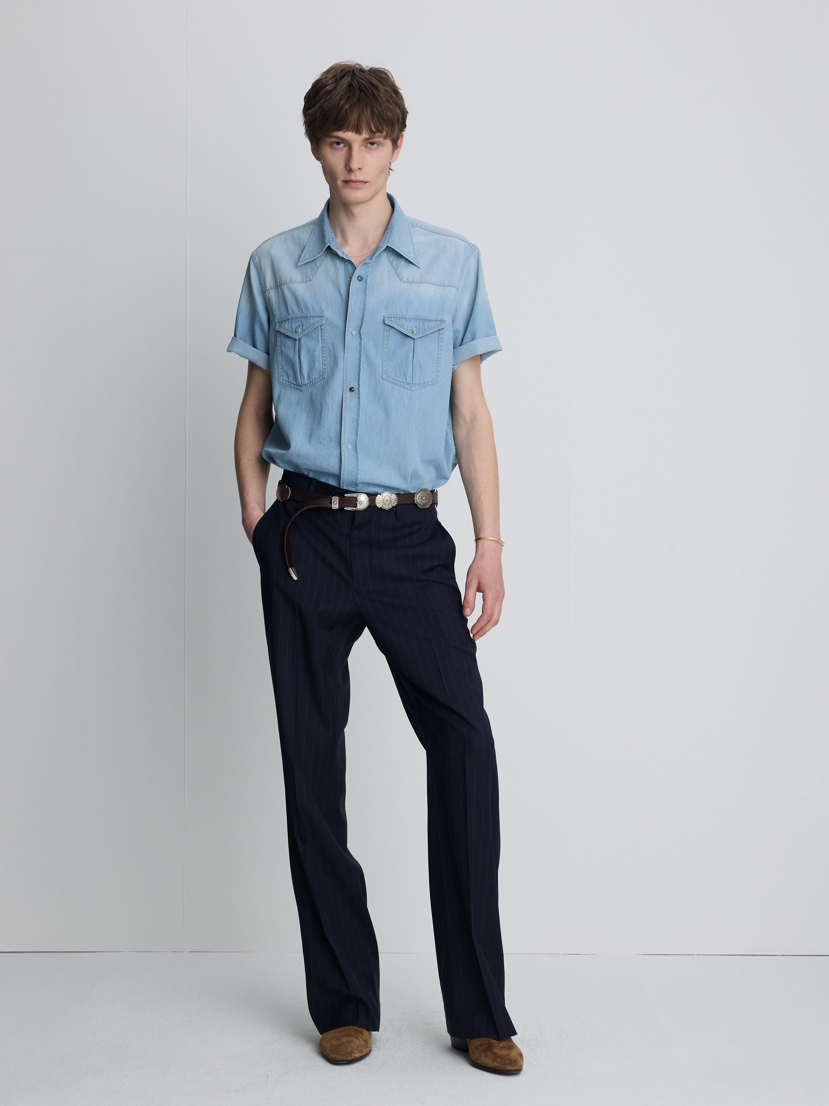 TROPICAL WOOL FLARED TROUSERS_ NAVY STRIPE