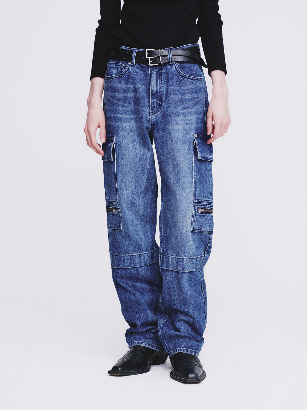 Relaxed Cut Denim Cargo Jeans_ Faded Mid Blue