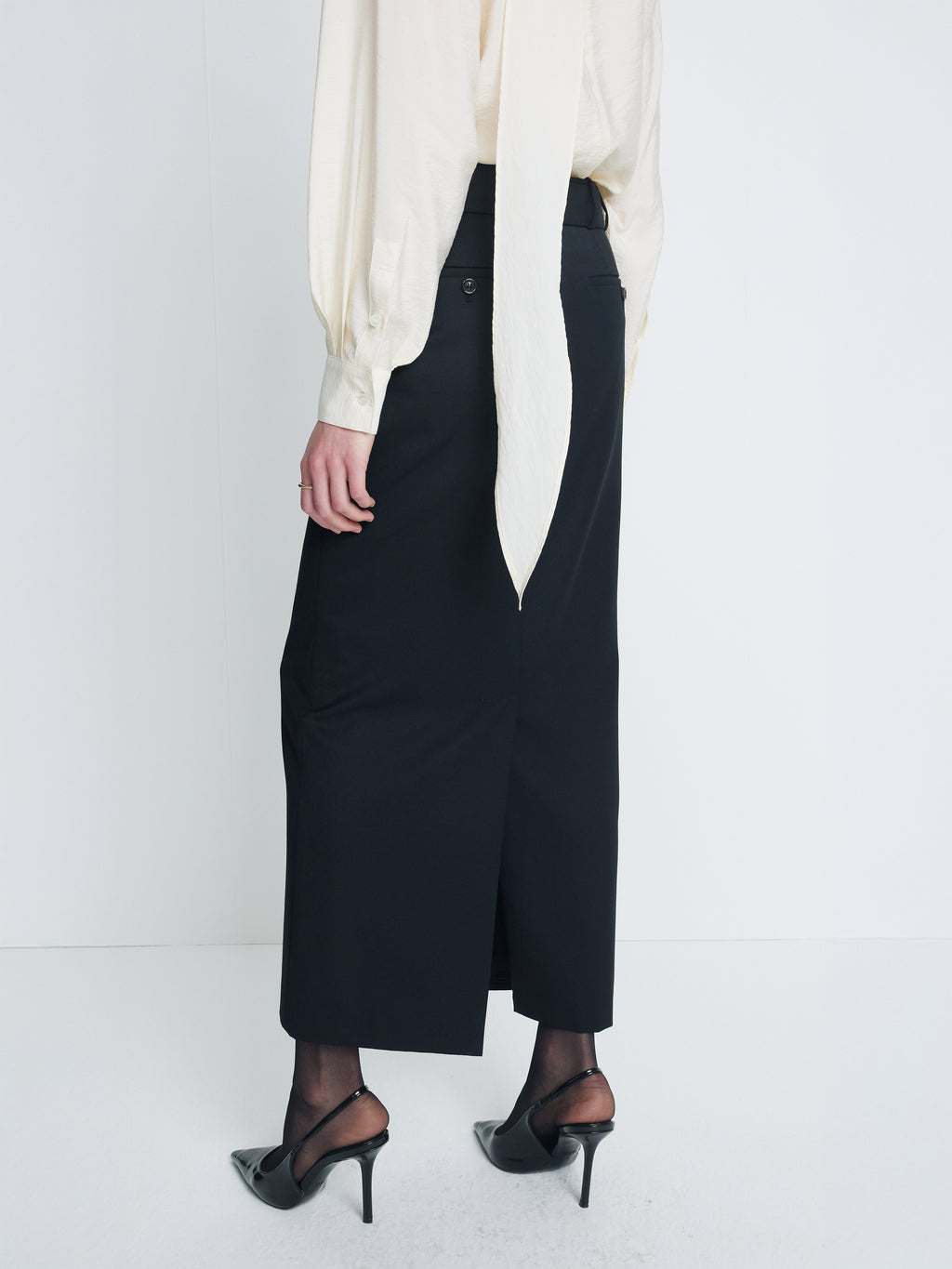 (W) WOOL BELTED MAXI SKIRT_ BLACK