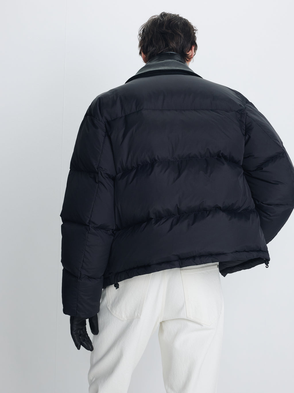 LEATHER COLLAR DOWN PUFFER BLOUSON_ BLACK