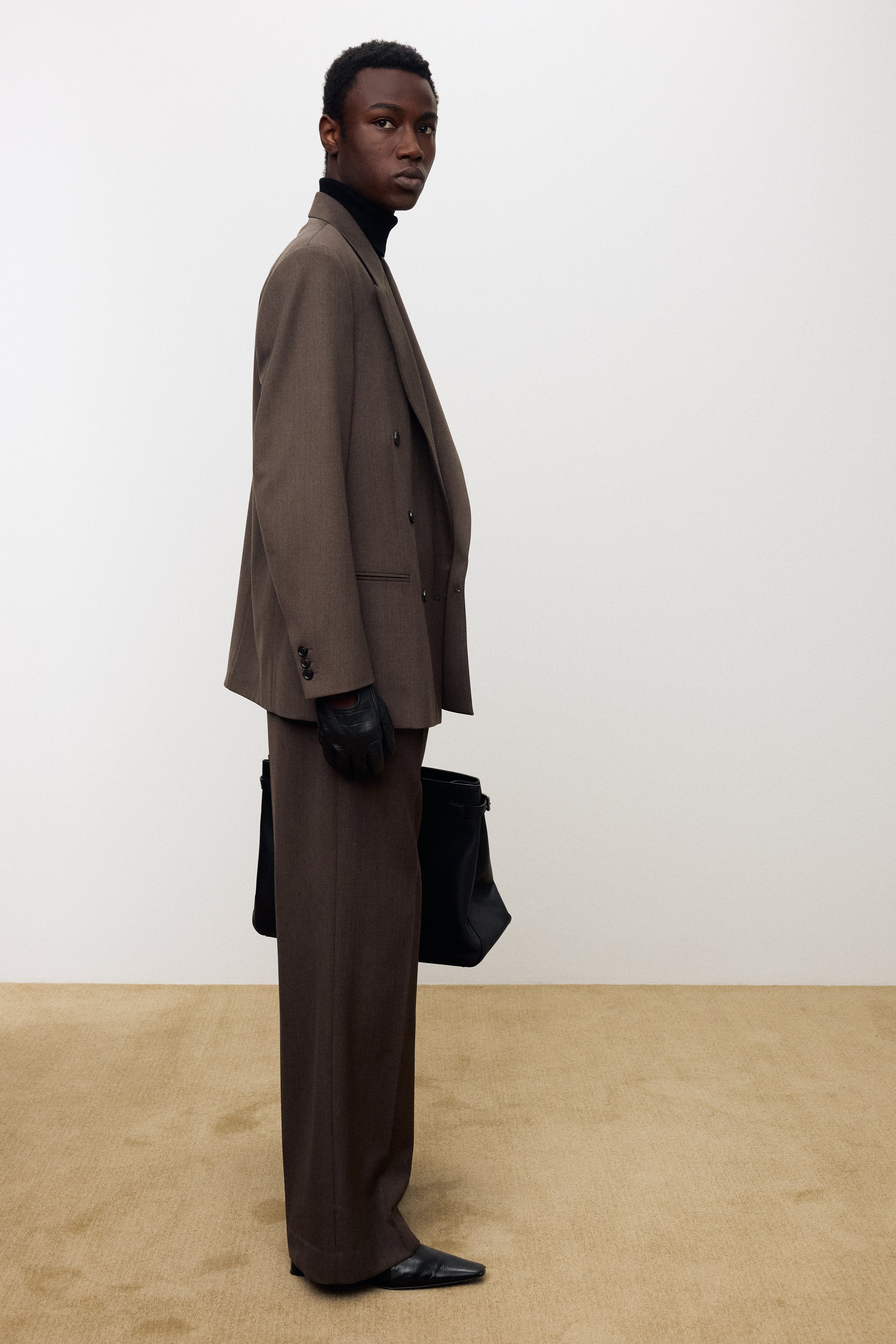 MELANGE WOOL WIDE-LEG PLEATED TROUSERS_ HAZELNUT