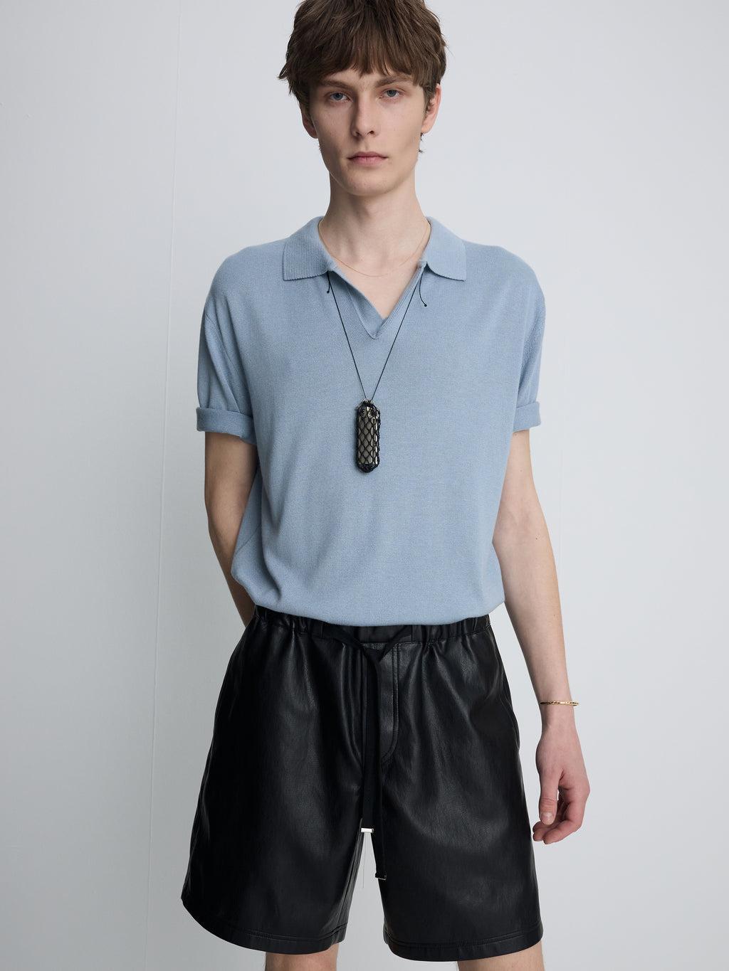 FAUX LEATHER LOUNGE SHORTS_  BLACK