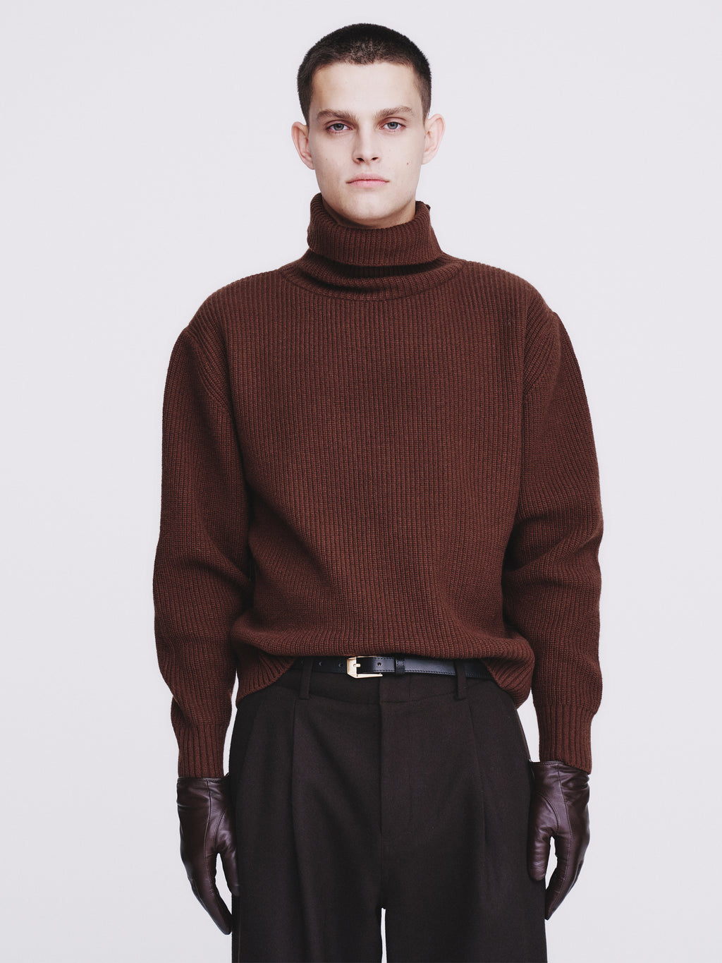 Hard Twist Wool Slit Turtleneck Knit_ Brown