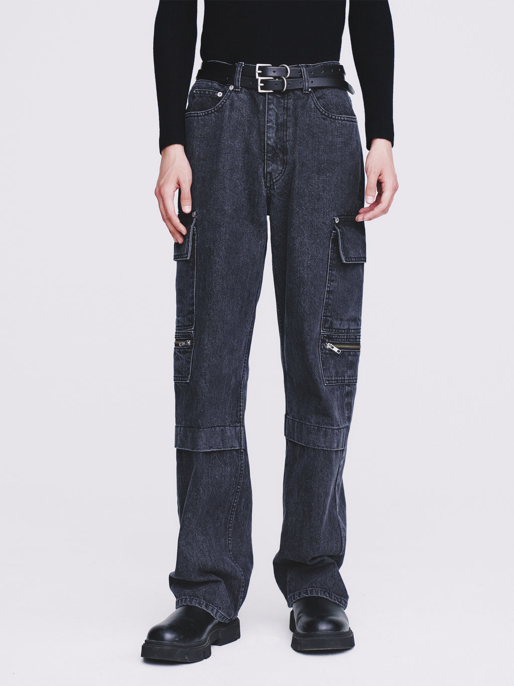 Relaxed Cut Denim Cargo Jeans_ Faded Black