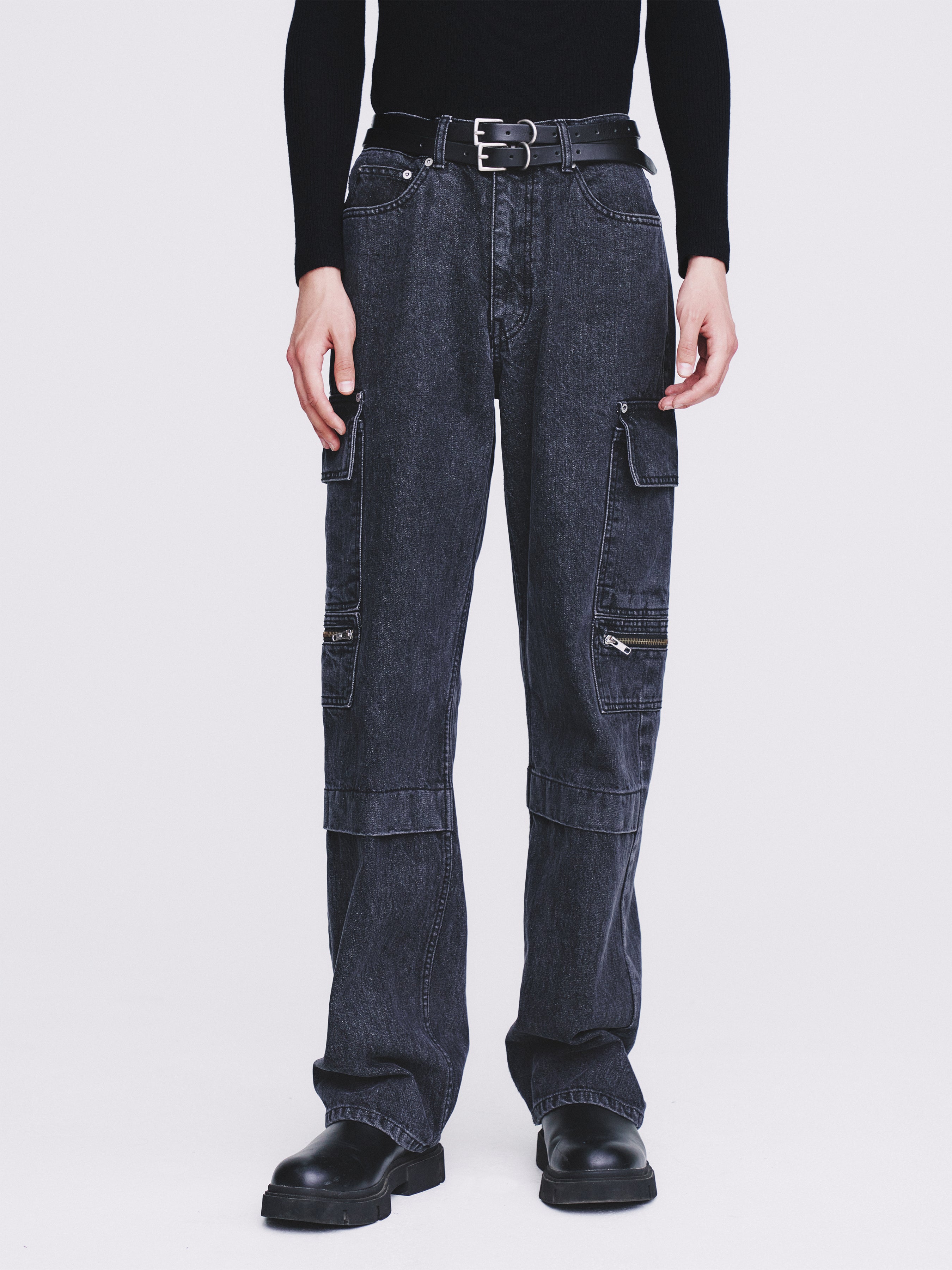 Relaxed Cut Denim Cargo Jeans_ Faded Black