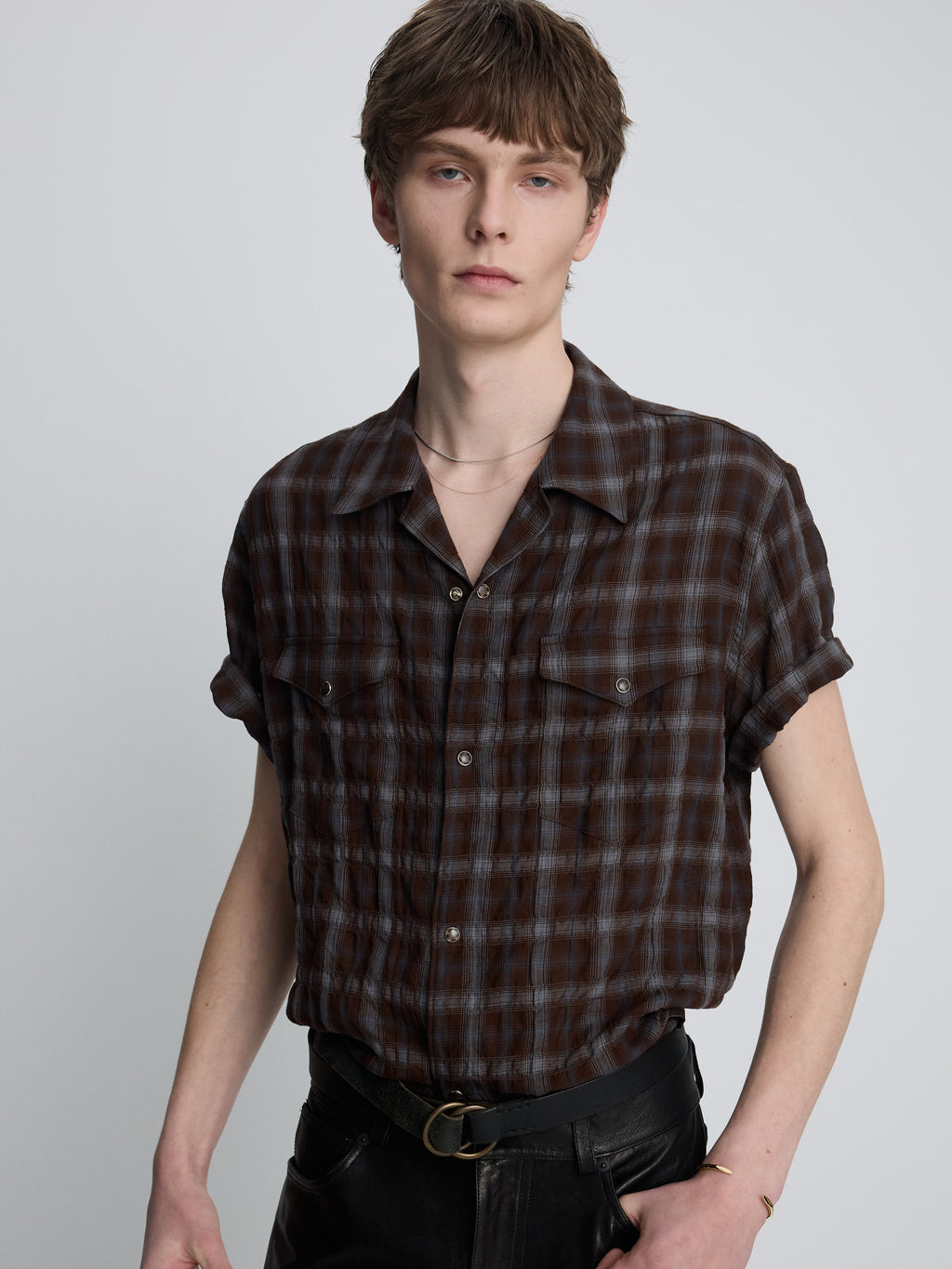 CHECKED COTTON PEARL SNAP SHIRT_ UMBER/SLATE BLUE