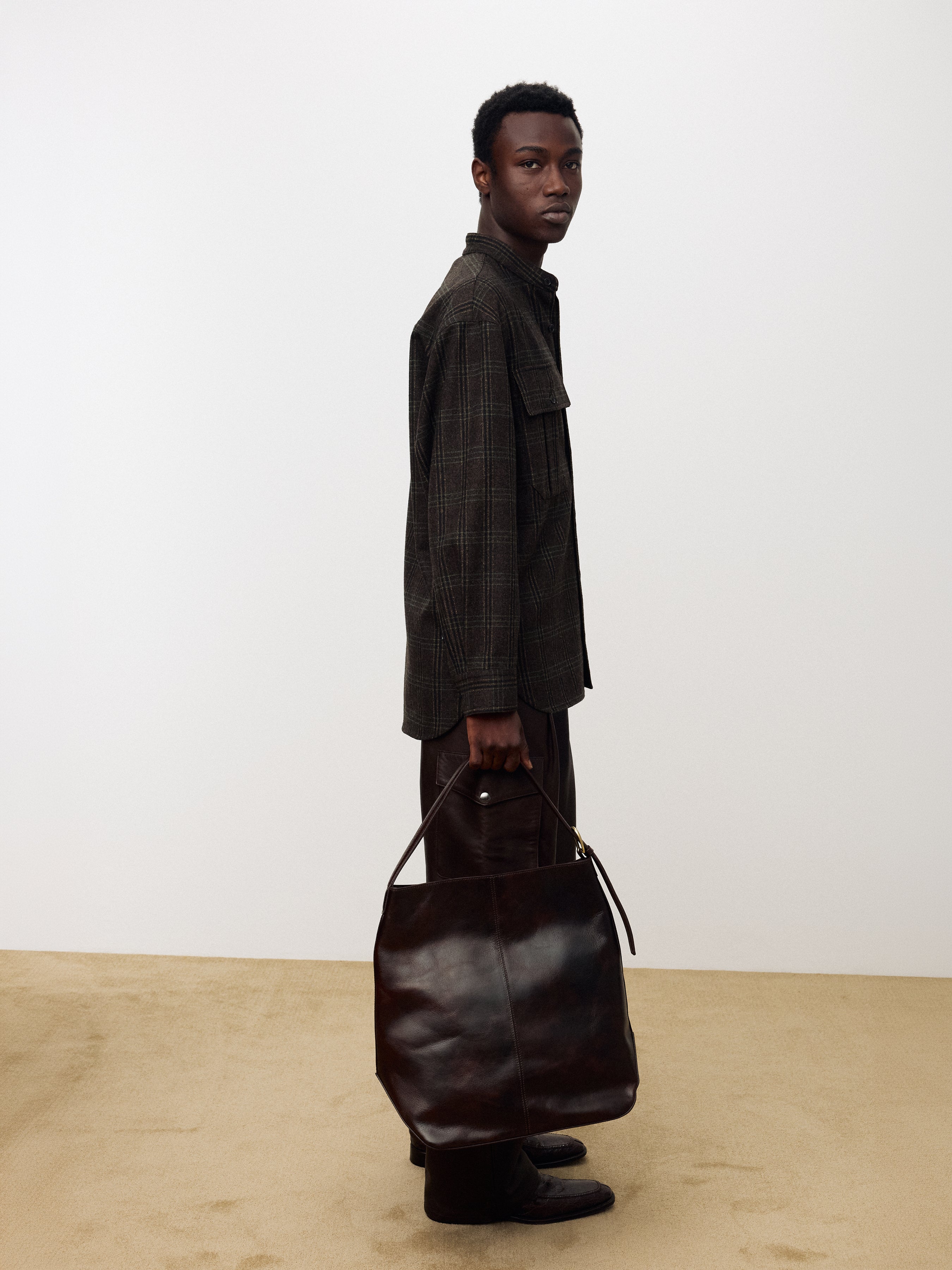 CHECKED WOOL OVERSIZED SHIRT_ DARK BROWN