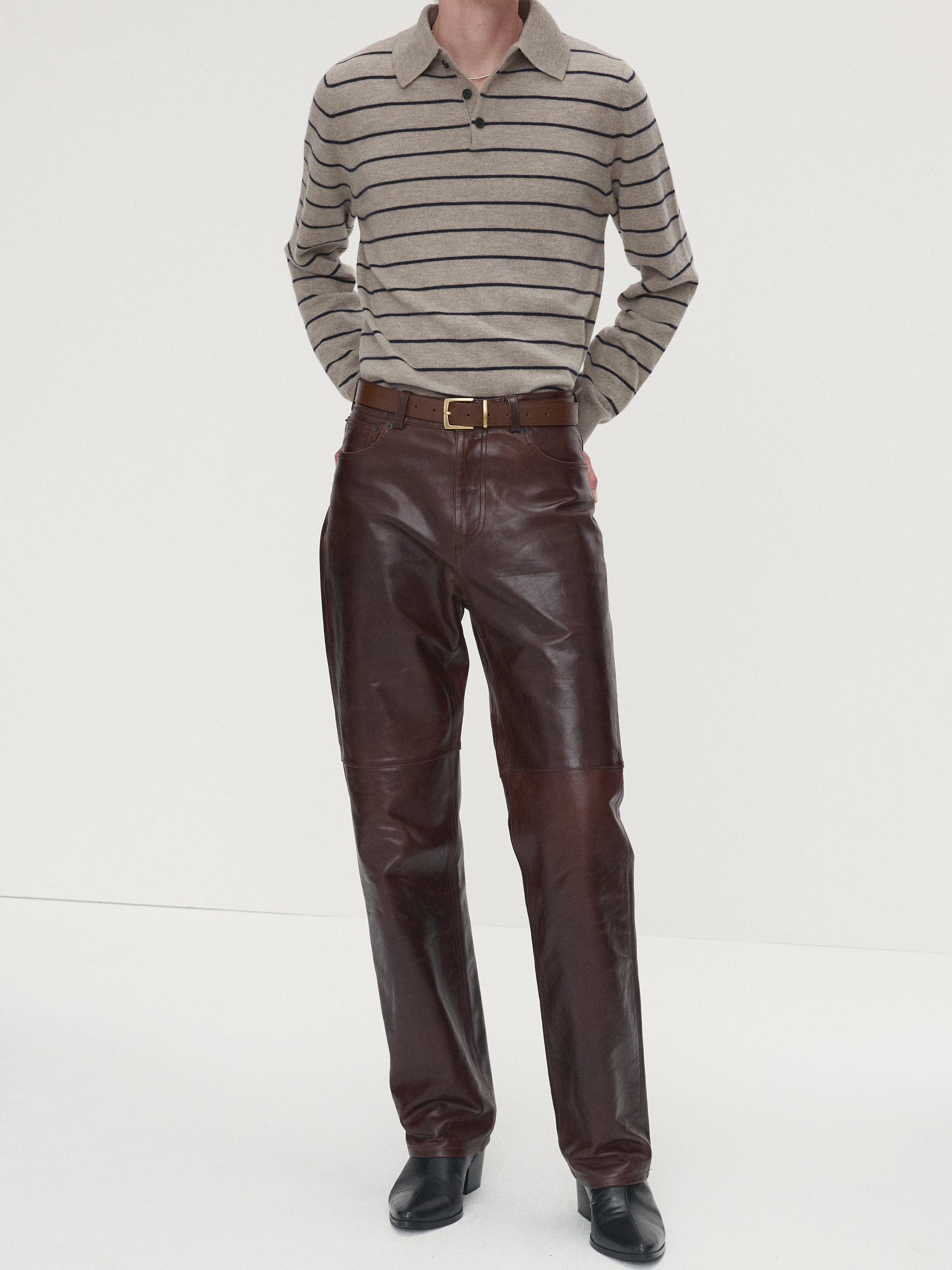 SUPER FINE WOOL STRIPE POLO KNIT_ BEIGE/NAVY