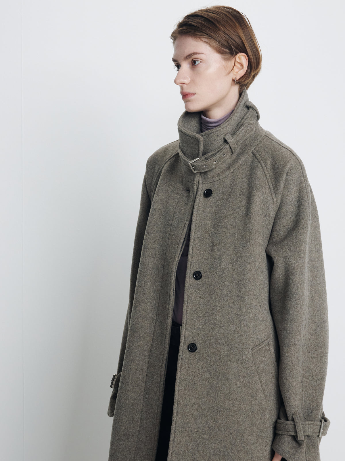 (W) HIGH-NECK BELTED WOOL COAT_ HEATHER GREY